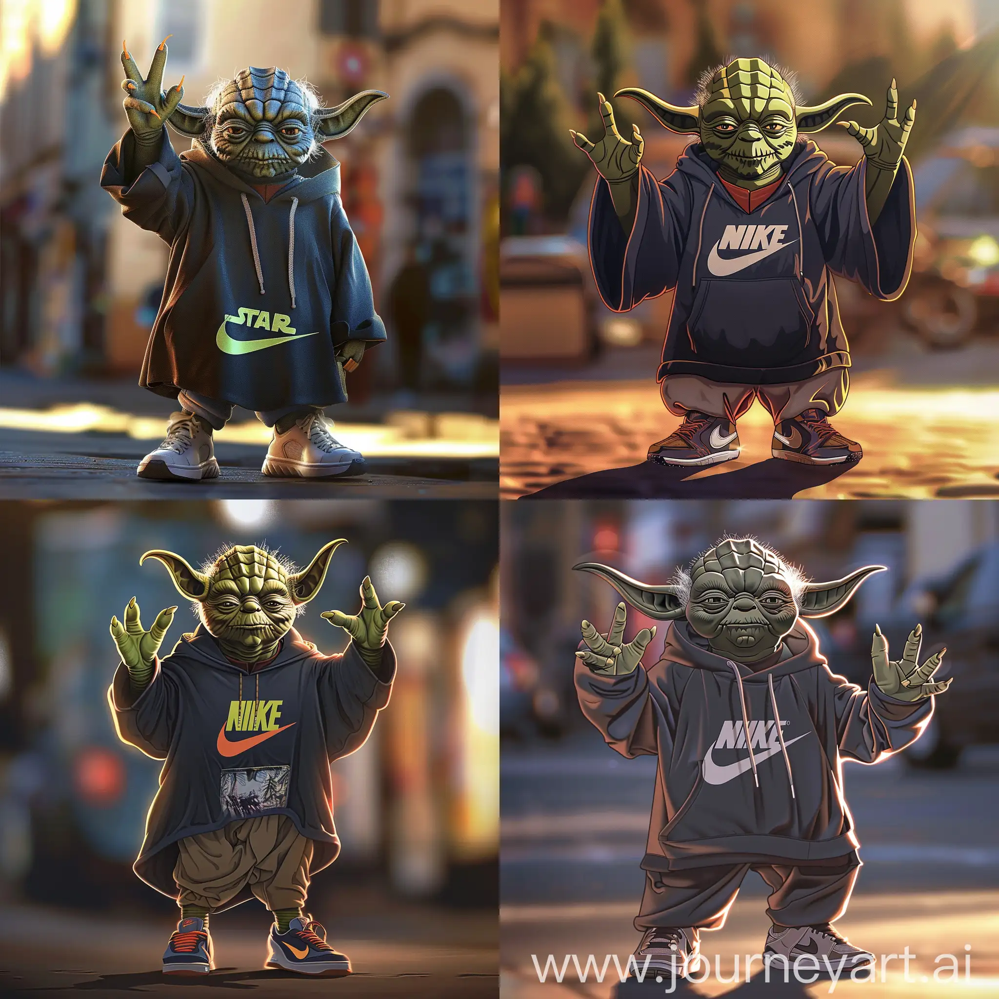 Create a detailed, cartoon-style image of Yoda from Star Wars, reimagined with a modern twist. Yoda is posed standing confidently, holding up four fingers in a bold, assertive gesture. He wears a sleek, dark Nike hoodie that has the iconic Nike swoosh prominently displayed in a contrasting color. On his feet, Yoda sports a pair of stylish Nike sneakers that complement his outfit. His expression is serious yet cool, exuding a gangster-like vibe. The background is a blurred urban scene that enhances Yoda's streetwise appearance. The overall look combines the mystical aura of Star Wars with contemporary street fashion, portraying Yoda in a light never seen before.