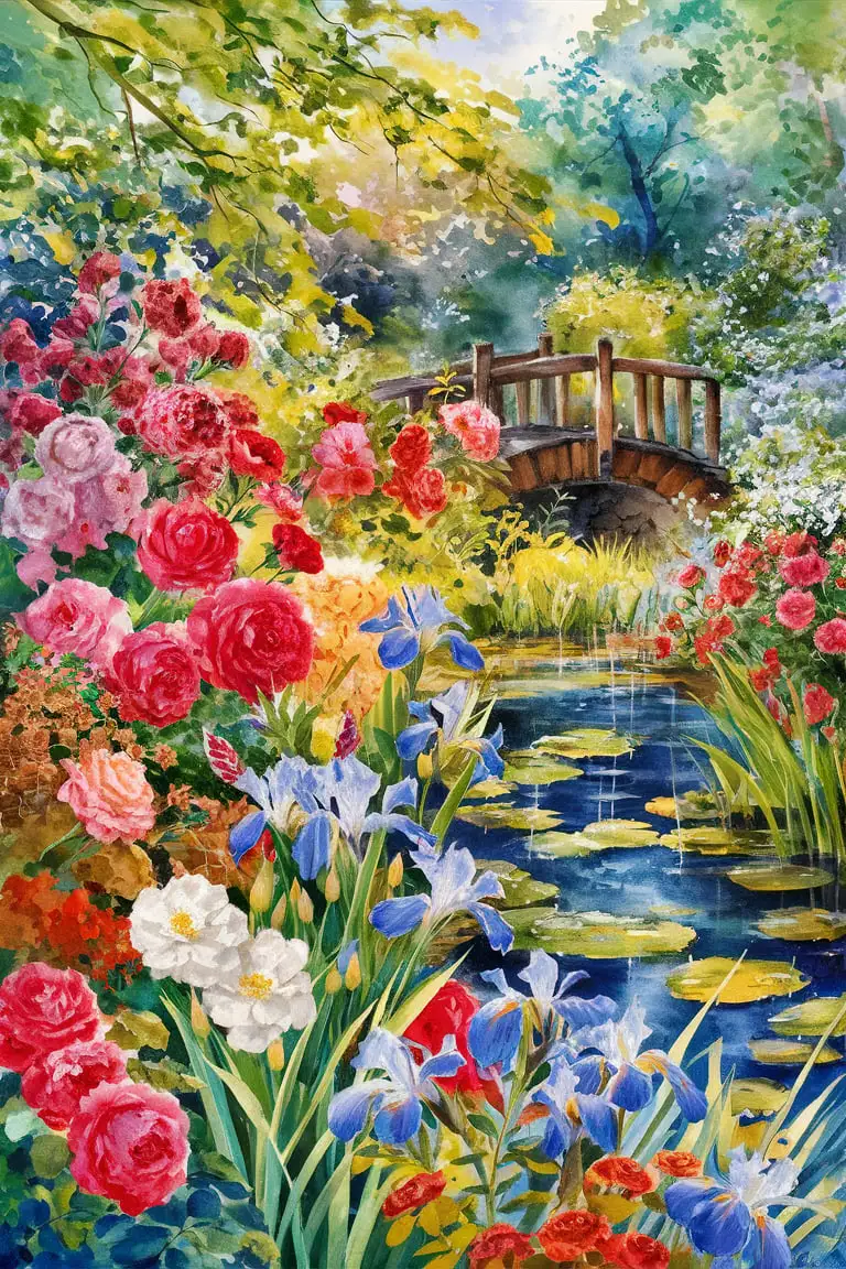Vibrant Watercolor Painting of a Lush Garden Scene