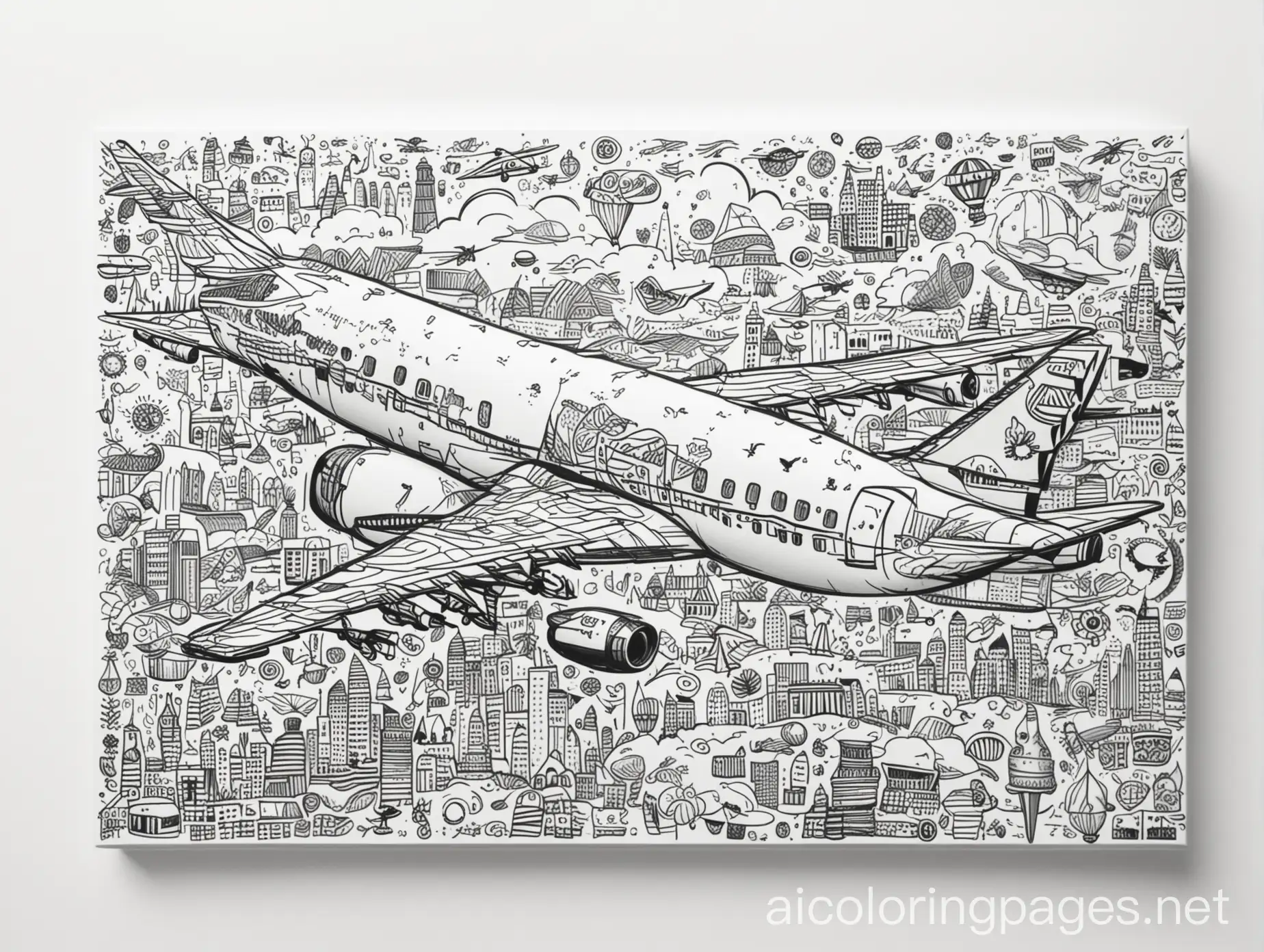 Fly abroad Doodle Collage, Coloring Page, black and white, line art, white background, Simplicity, Ample White Space. The background of the coloring page is plain white to make it easy for young children to color within the lines. The outlines of all the subjects are easy to distinguish, making it simple for kids to color without too much difficulty
