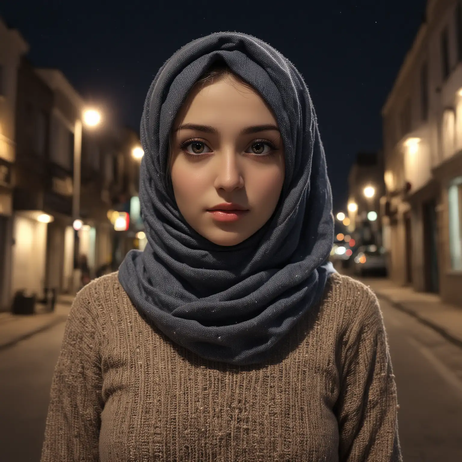 ((masterpiece)), super detailed, highly detailed, 16k, high resolution, ((turkish girl)), ((mate ,couple)) ,((long hijab,close hijab)), fit body, perfect eyes, pale skin, fair skin, perfect skin, ((outdoor)), ((wearing sweater)) at night, ultra-delicate face, delicate eyes, double eyelids, half smile, Realistic, beautiful and delicate photo,heterosexual, braless, standing, ((night time, night sky, low light, darkness, dark night)), cold expression, cold pose, front view, ((street photography))