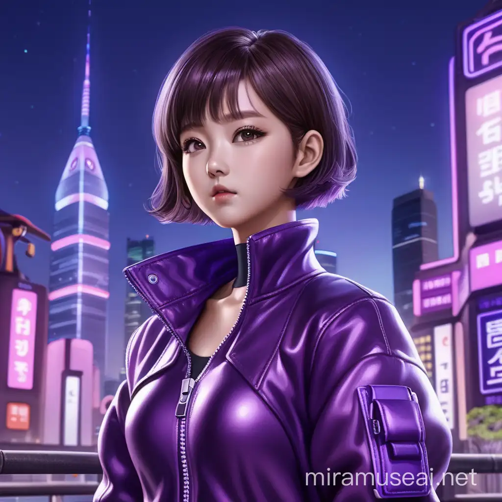Asia korea short hair without bangs woman wearing a purple leather onepiece and dark purple future city background
vibe should be like game character