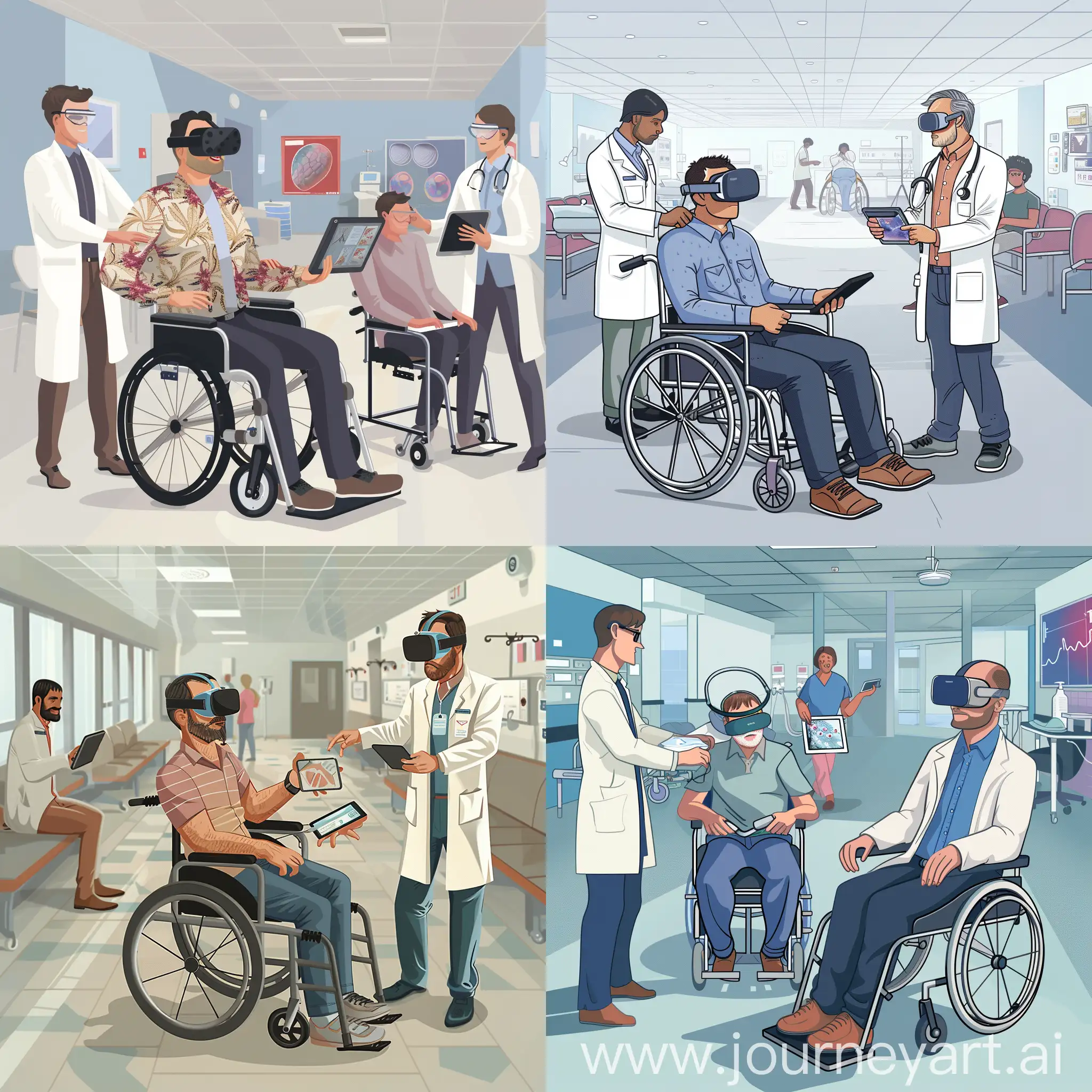 изобрази мне мужчину сидящего в кресле для инвалида в больнице, использующего VR-гарнитуру и планшет, а рядом с ним врача, помогающего разобраться с техникой