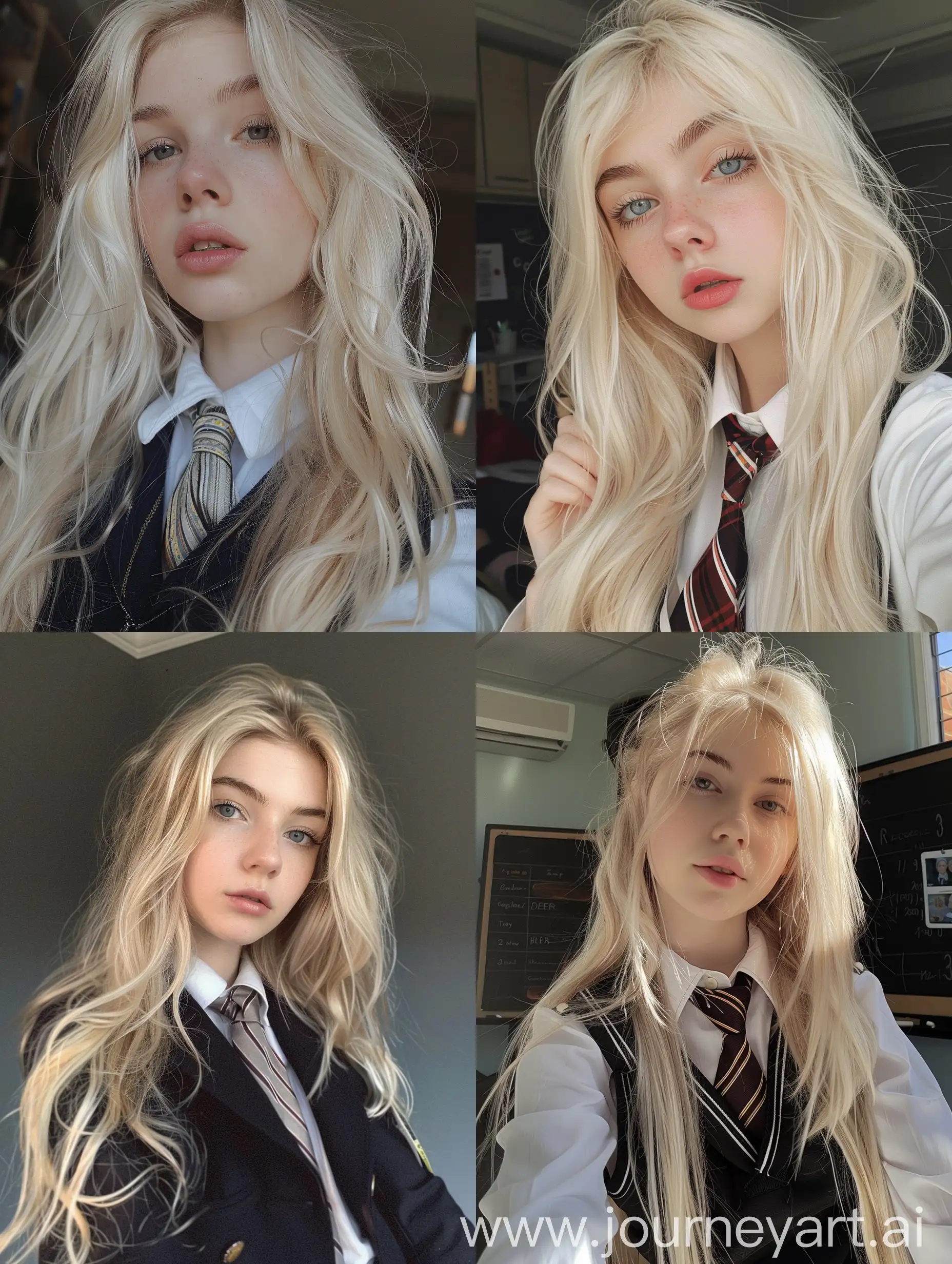 1 young girl, 22 years old, blonde long hair, selfie, iphone selfie, school uniform , makeup, 