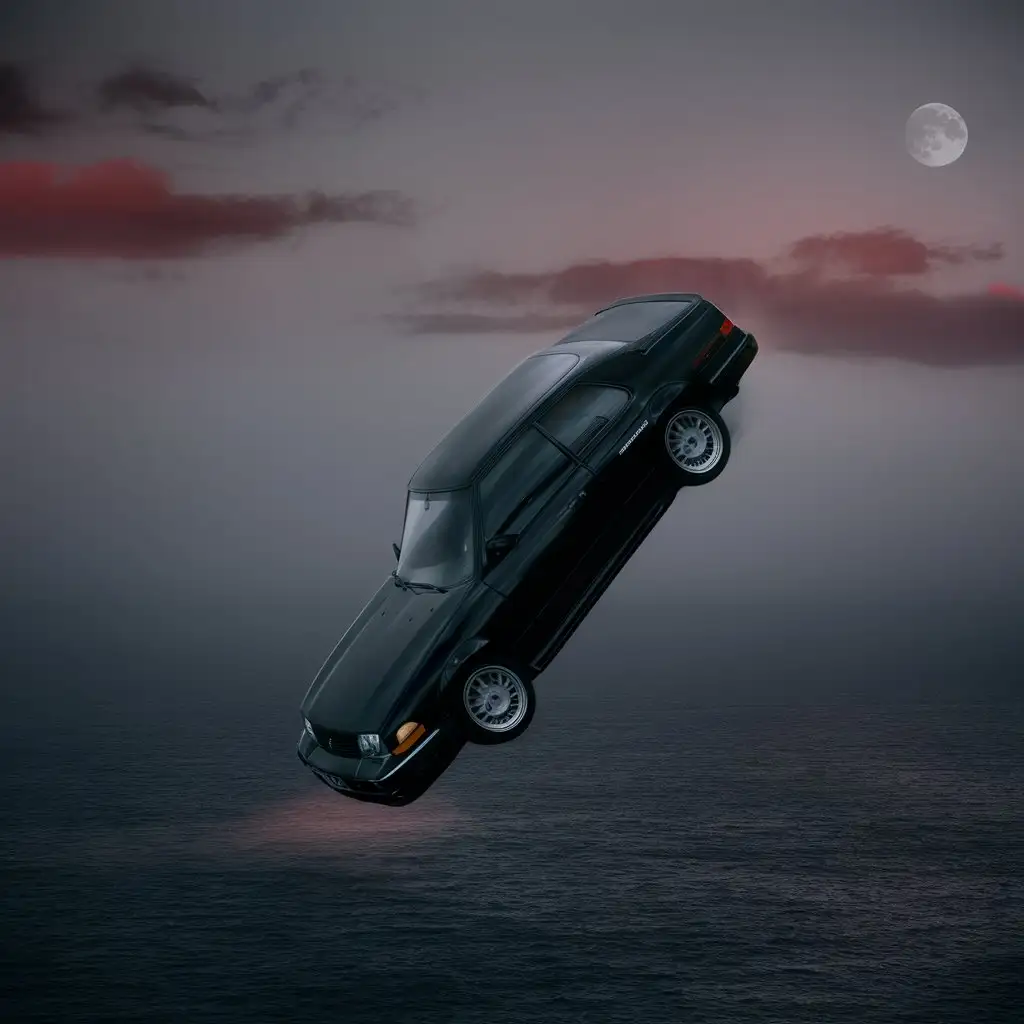 REALISTIC 4K BLACK CAR FALLING IN THE SEA FROM THE SKY AND CLOUDS , SIDE FAR ANGLE VIEW , PHOTOGRAPHY , RED AND PURPLE HOLLOW , NIGHT SCENE , ALBUM COVER , MINIMAL , FOGGY ART , DARK BLACK THEME , WITH  MOON IN THE SKY