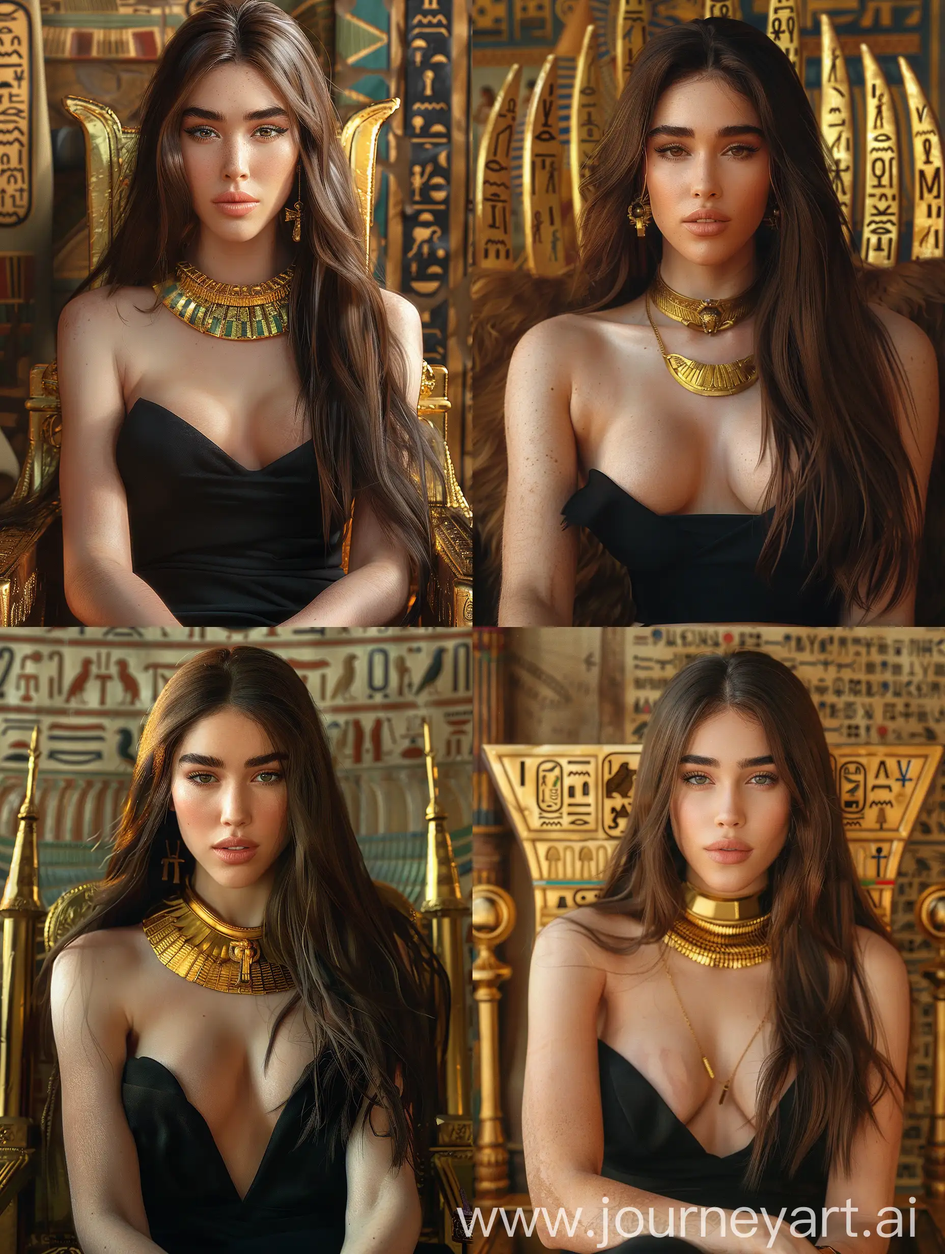 Regal Egyptian queen, Cleopatra inspired, seated on a golden throne, hieroglyphics, ancient Egypt, sunset lighting, intricate gold jewelry, elaborate headdress, papyrus in background, photorealistic painting --cref https://cdn.discordapp.com/attachments/1200713789763485788/1245011360576704593/images_76.jpg?ex=665732af&is=6655e12f&hm=602ca4195c6b955a603911f1c7ae6c7e3599cbc258f286cfbff9000526966f9a& --cw 100 --ar 3:4 --s 700 --v 6