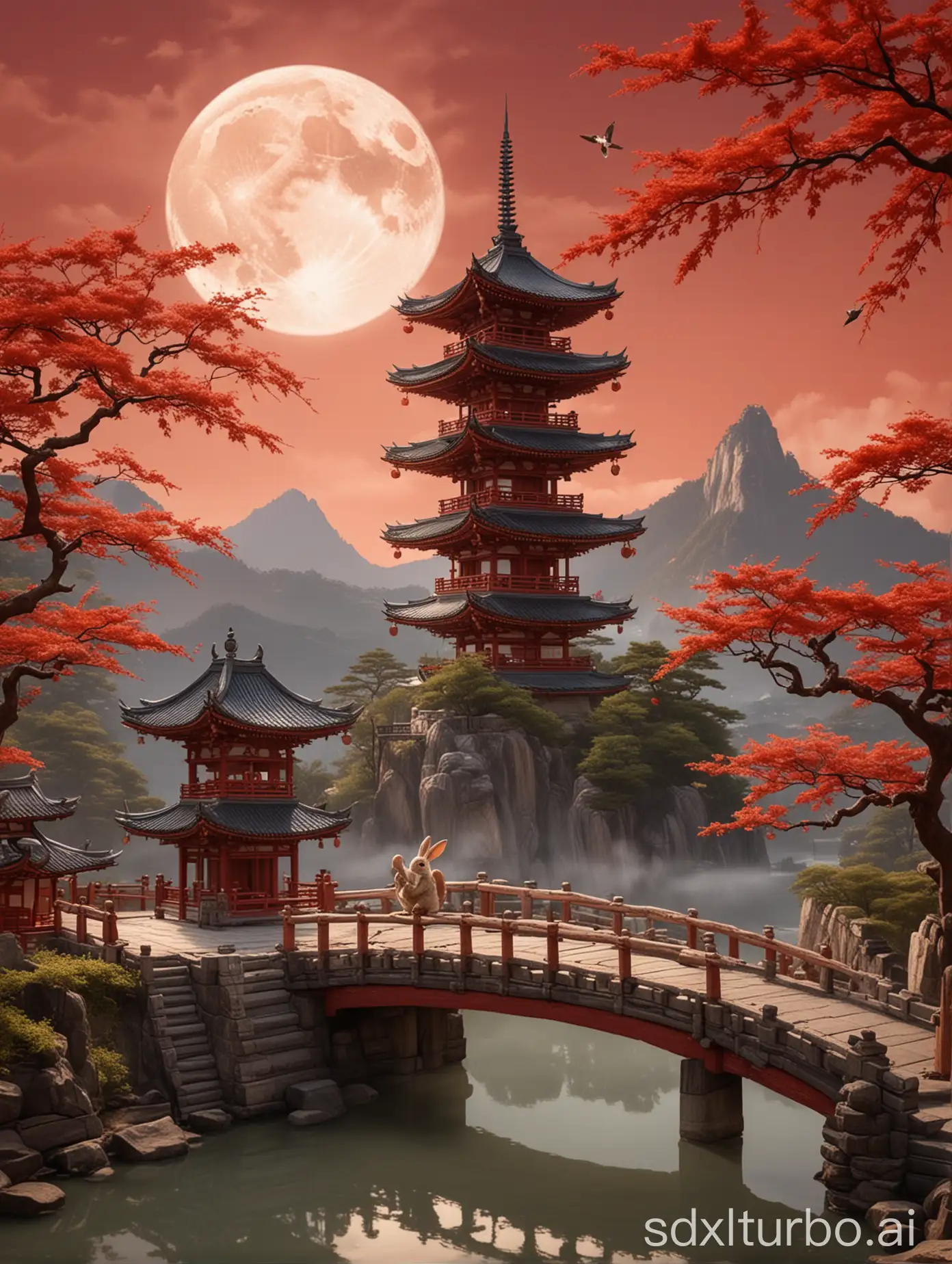 (masterpiece:1,2),best quality,ZH_style,closed eyes,rabbit,^_^,no humans,east asian architecture,red background,architecture,sun,sitting,:3,pagoda,animal,food,smile,leaf,moon,holding,tree,egasumi,simple background,water,mw_gfcjch, no humans, scenery, east asian architecture, cloud, bird, moon, sky, outdoors, mountain, mountains, clouds, building, pagoda, dragon, bridge, tower, egasumi, full moon