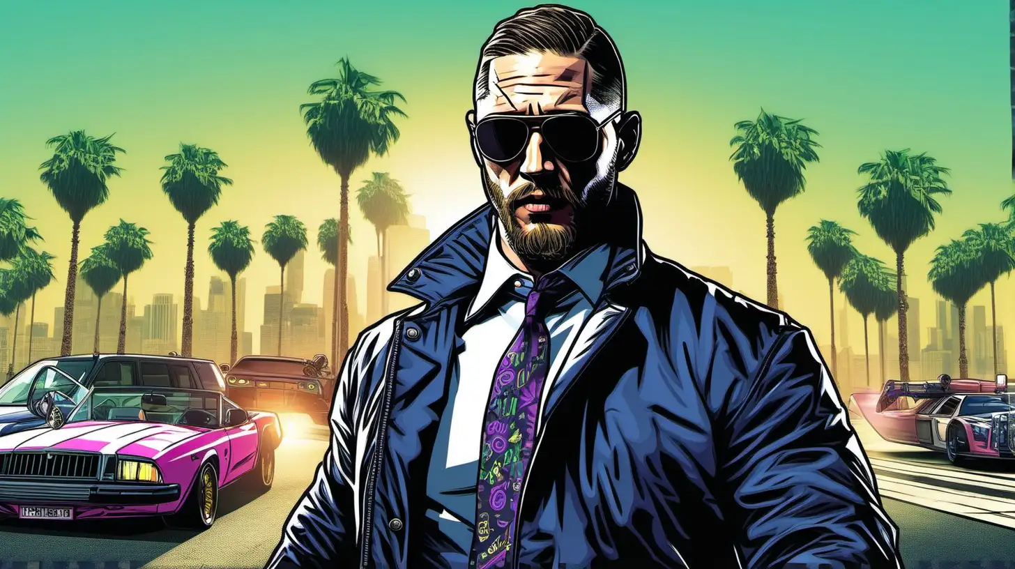 Tom Hardy is a cybersecurity robot, wearing sunglasses, GTA 5 style artwork.