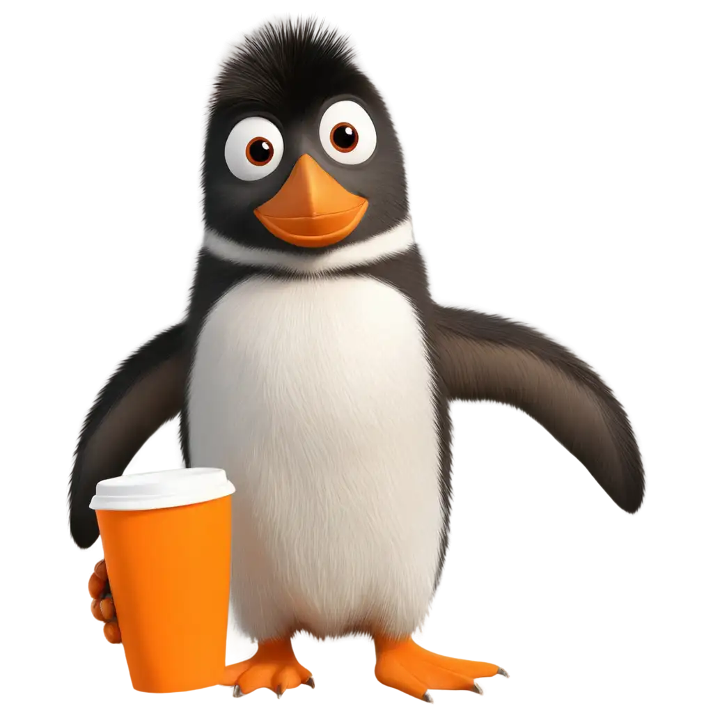 a rockhopper penguin holding an orange coffee cup on a transparent background