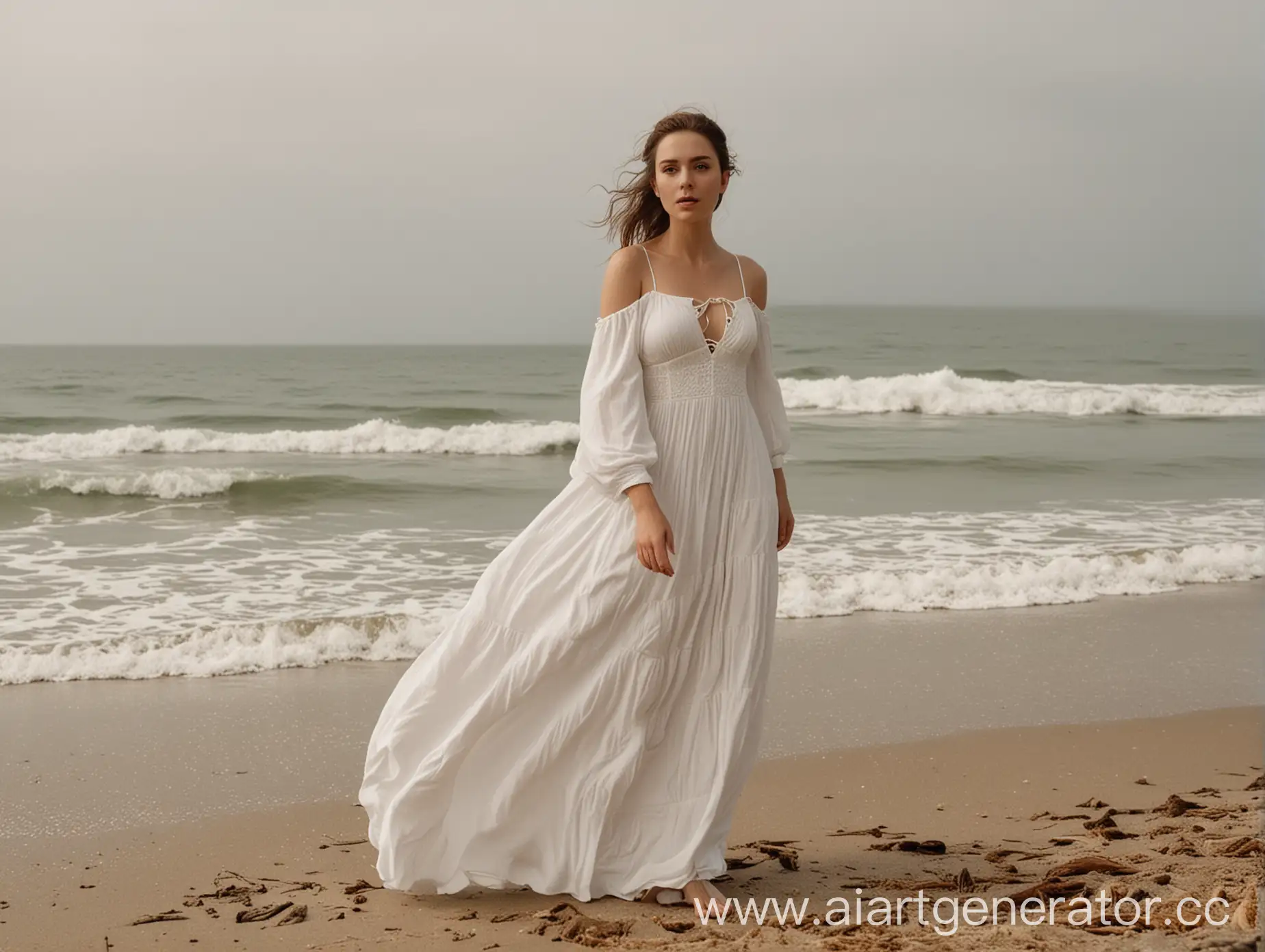 Woman-in-Long-White-Dress-Standing-on-Beach
