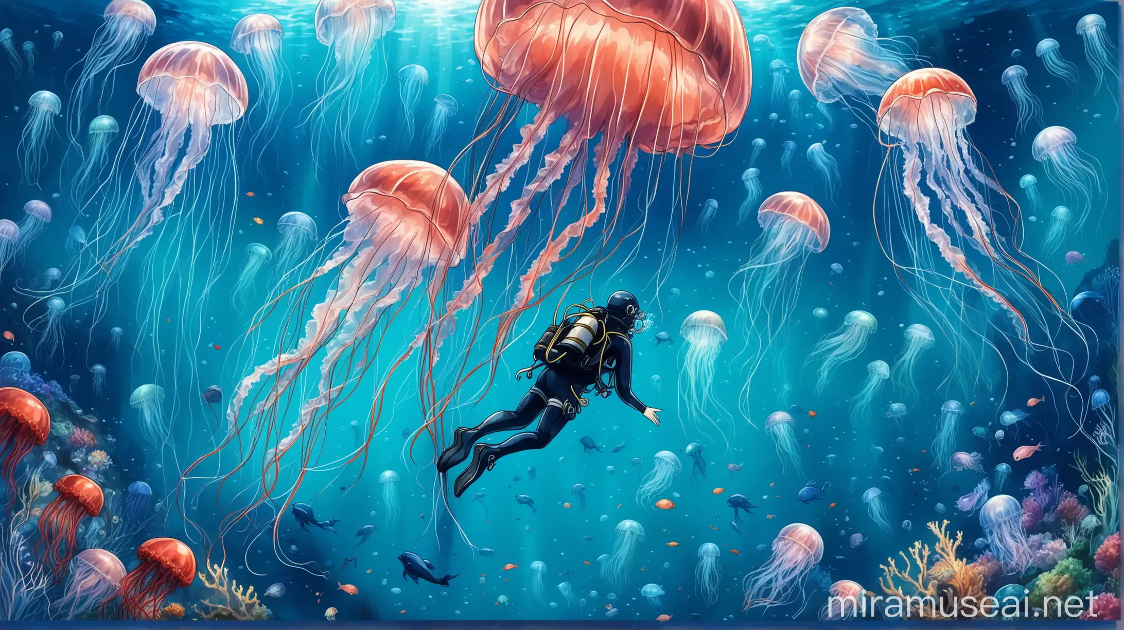 Anime painting, of, underwater, a diver is around the jellyfish