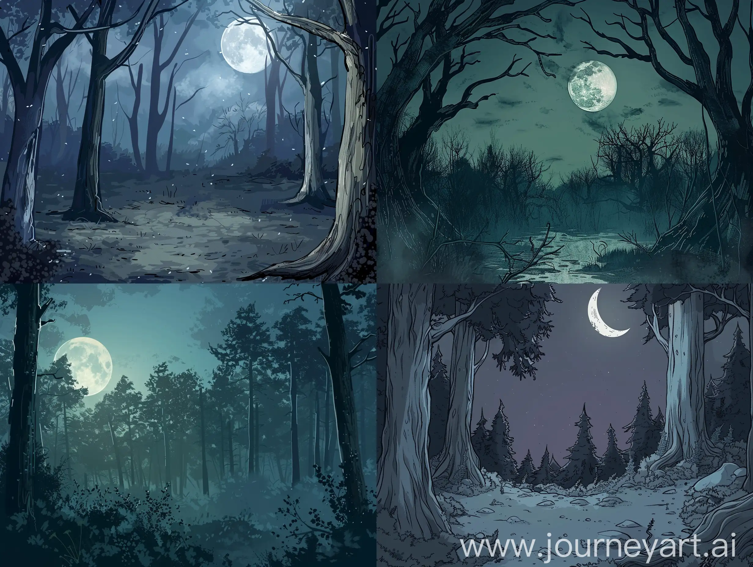 Густой ночной лес, нарисованный, мрачный, колодные тона, на весь экран, луна