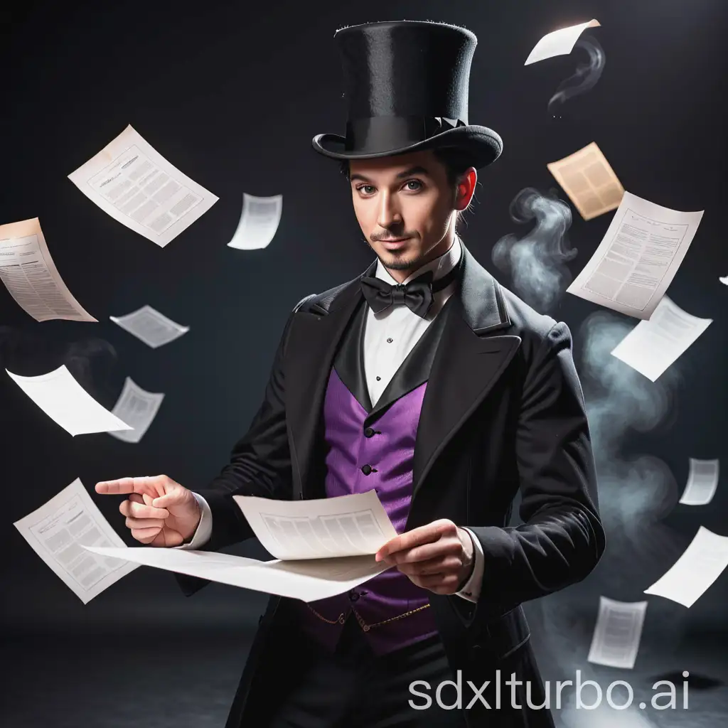 a magician with a top hat and papers