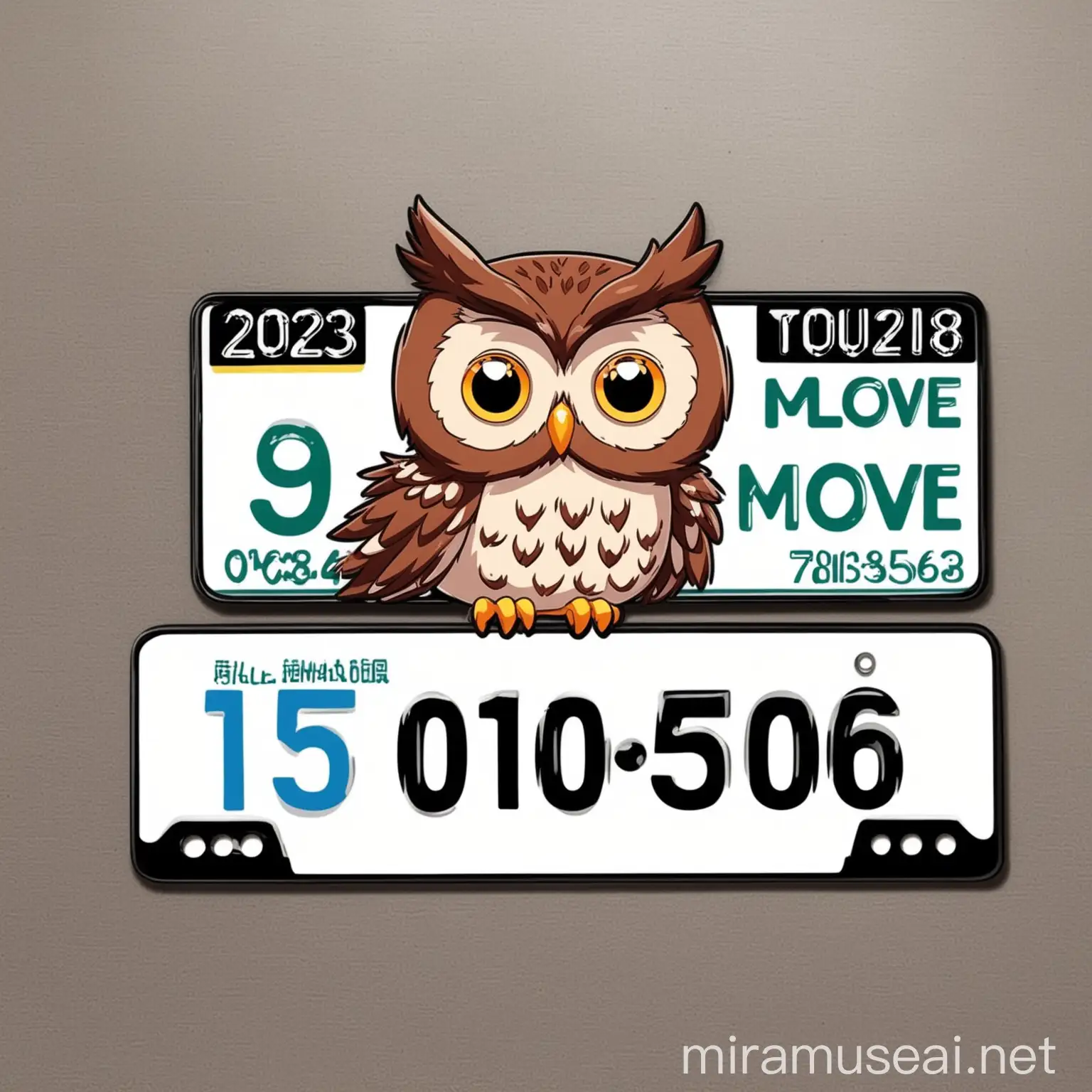 Cheerful Cartoon Owl Driving a Car with a Unique Phone Number Plate
