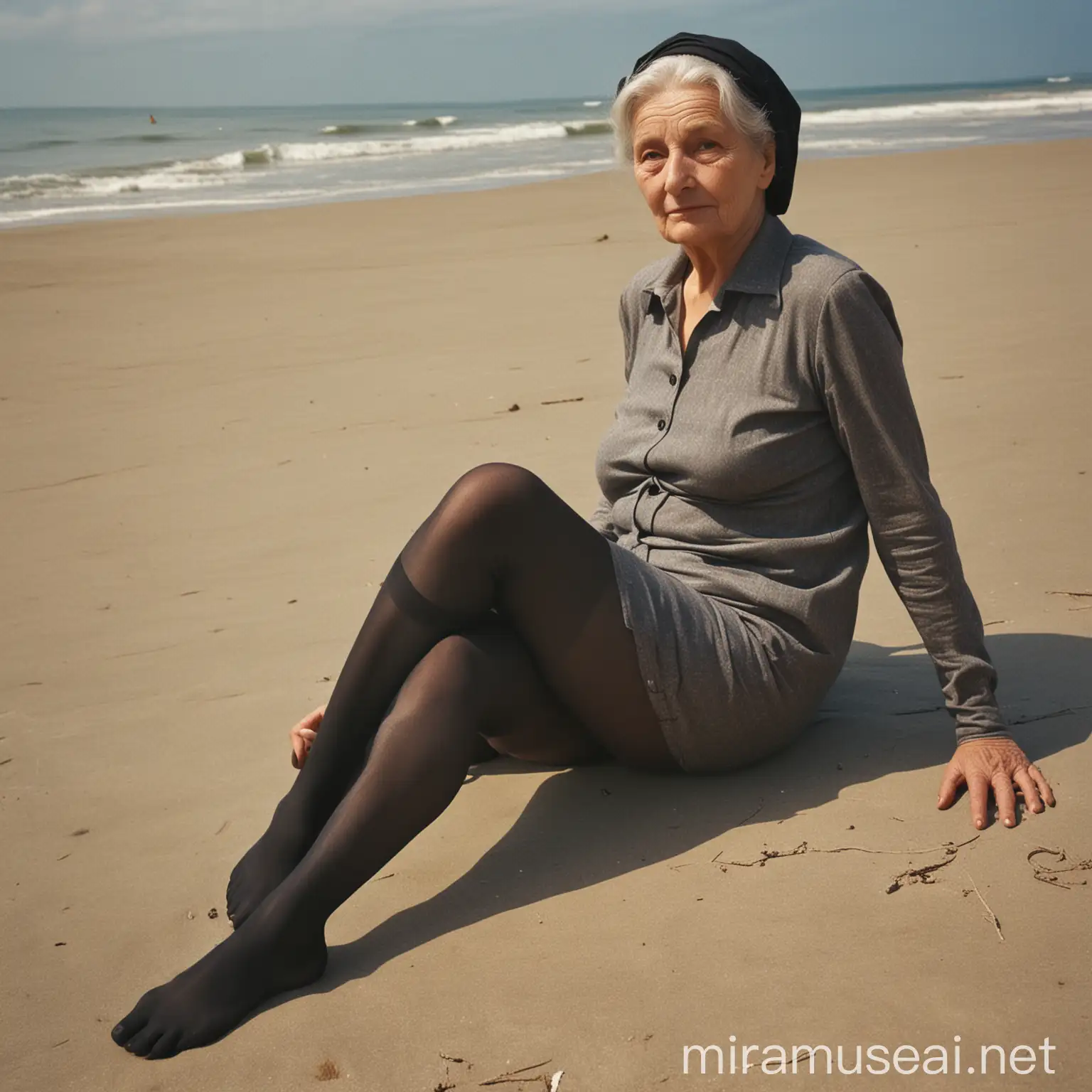 alte frau, Sitzt am Strand, ihre beine sind überkreuzt, nur in einer dünnen schwarzen Strumpfhose, 1969, ghisslan dussart 