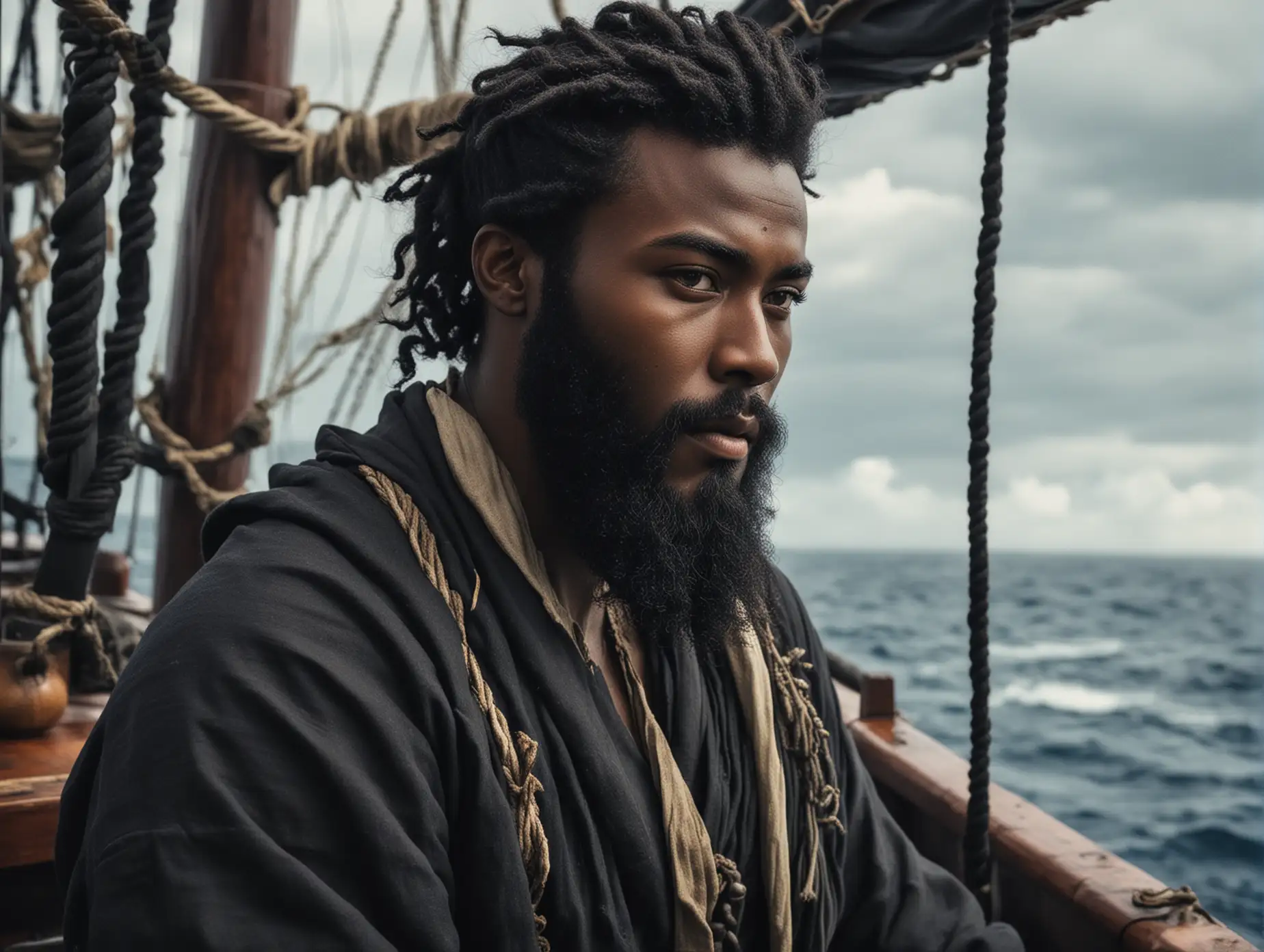 Handsome Black MASA Musa with a beard traveling on ships through the ocean with his men