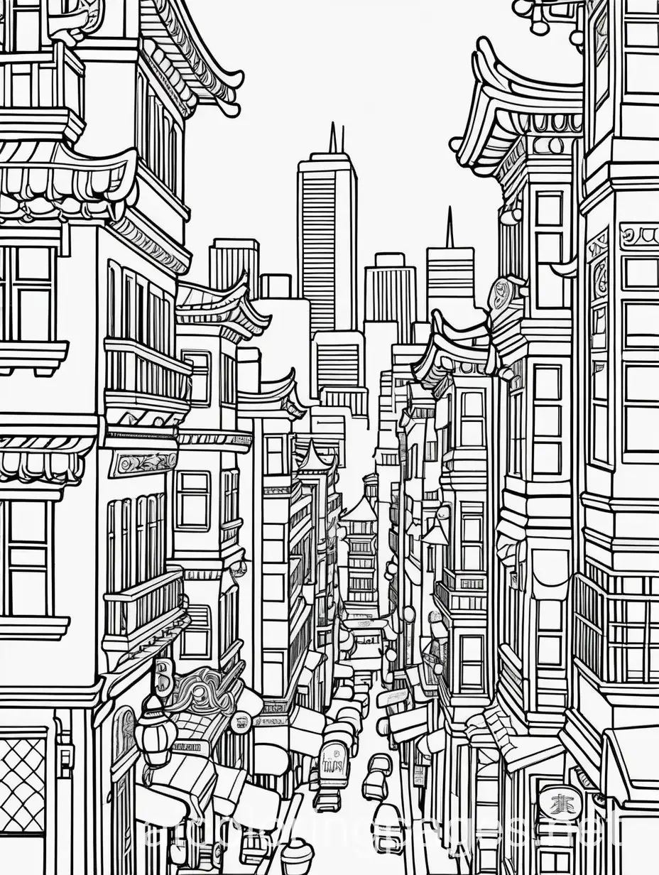 San Francisco Chinatown, Coloring Page, black and white, line art, white background, Simplicity, Ample White Space. The background of the coloring page is plain white to make it easy for young children to color within the lines. The outlines of all the subjects are easy to distinguish, making it simple for kids to color without too much difficulty