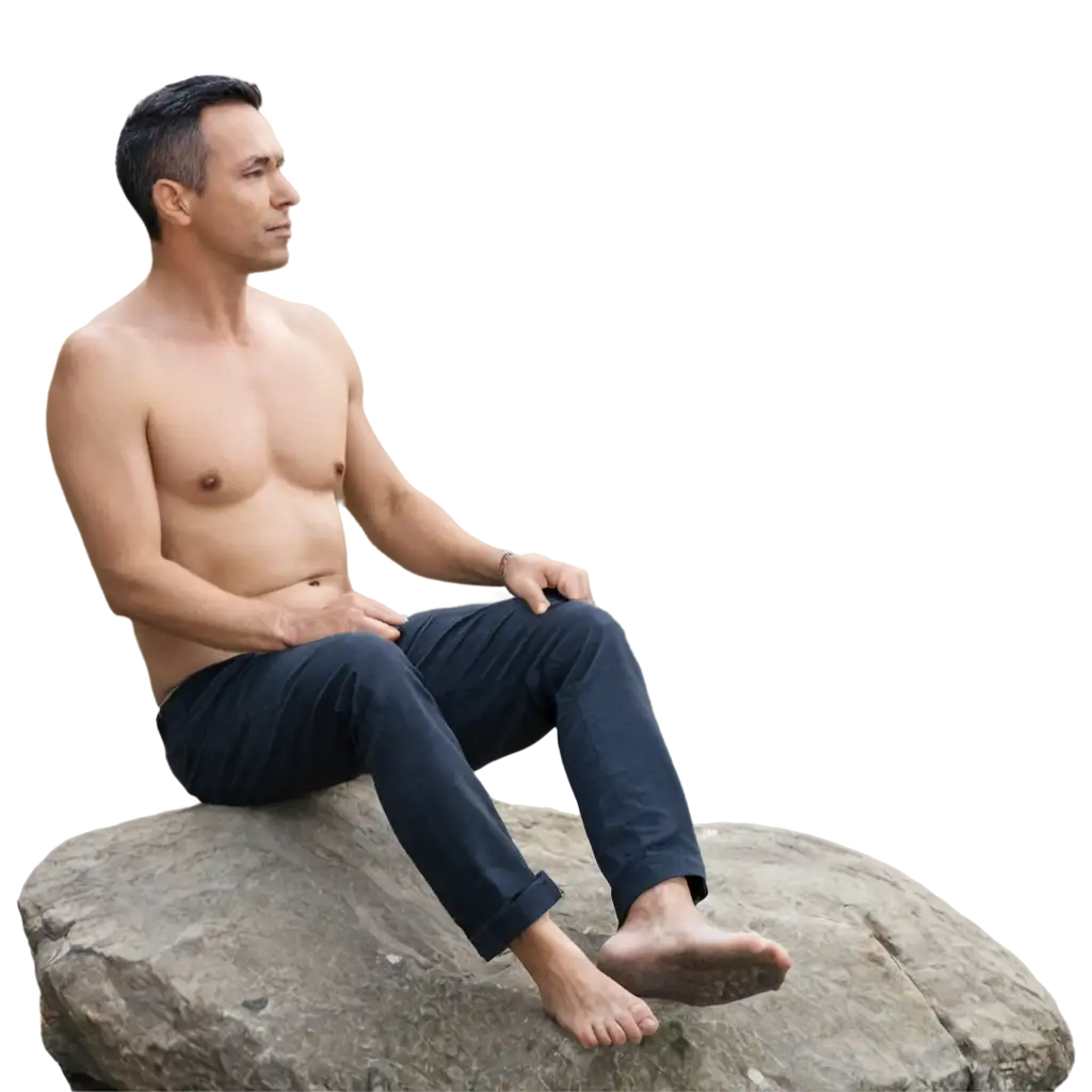 Aged-30-Man-Sitting-in-Stone-River-Captivating-PNG-Image-for-Reflective-Contemplation