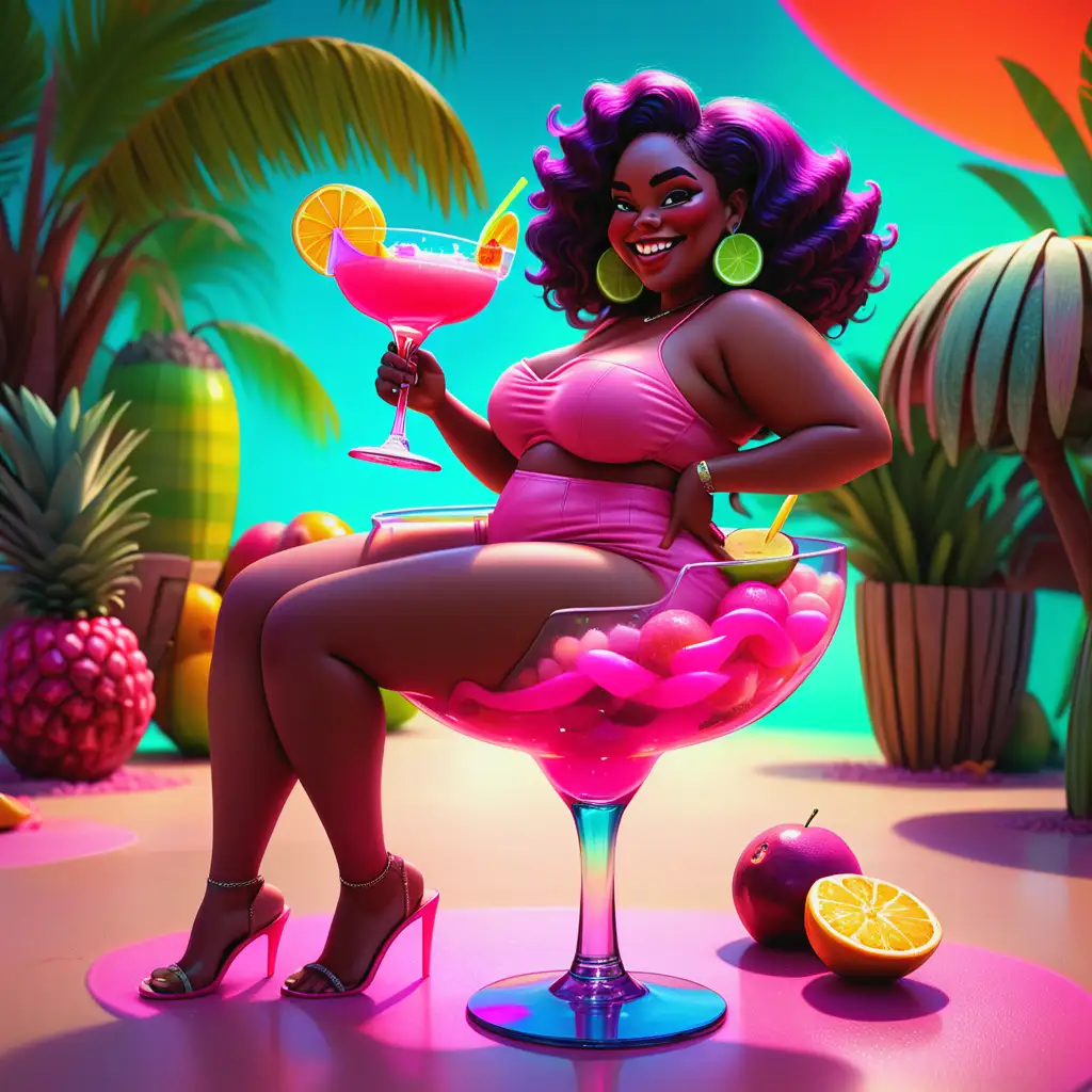 pixar curvy happy african american woman, long wavey bob hair, sitting in a pink margarita glass, with fruit on the ground around the glass, vibrant tropical colors, neon glow