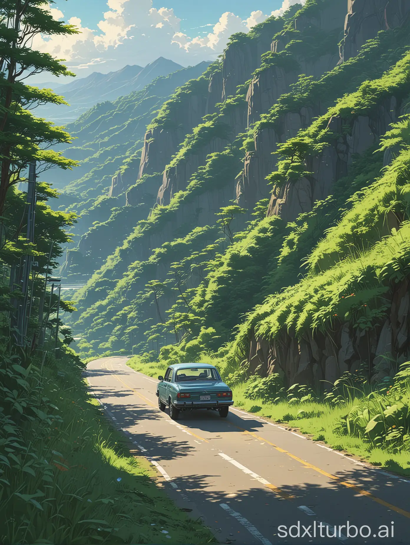 a painting of a car driving down a road next to a lush green hillside, anime countryside landscape, Makoto Shinkai. High detail, by Kaii Higashiyama, anime landscape, anime landscape wallpaper, by Makoto Shinkai, by Makoto Shinkai, by Makoto Shinkai, anime scenery, style of Makoto Shinkai, Makoto Shinkai art style, by Makoto Shinkai, by Makoto Shinkai, by Makoto Shinkai, anime scenery, Kyoto Animation, 4k hd,, beautiful art uhd 4k, a beautiful artwork illustration, beautiful digital painting, highly detailed digital painting, beautiful digital artwork, detailed painting 4k, very detailed digital painting, rich picturesque colors, gorgeous digital painting, saturated, no human