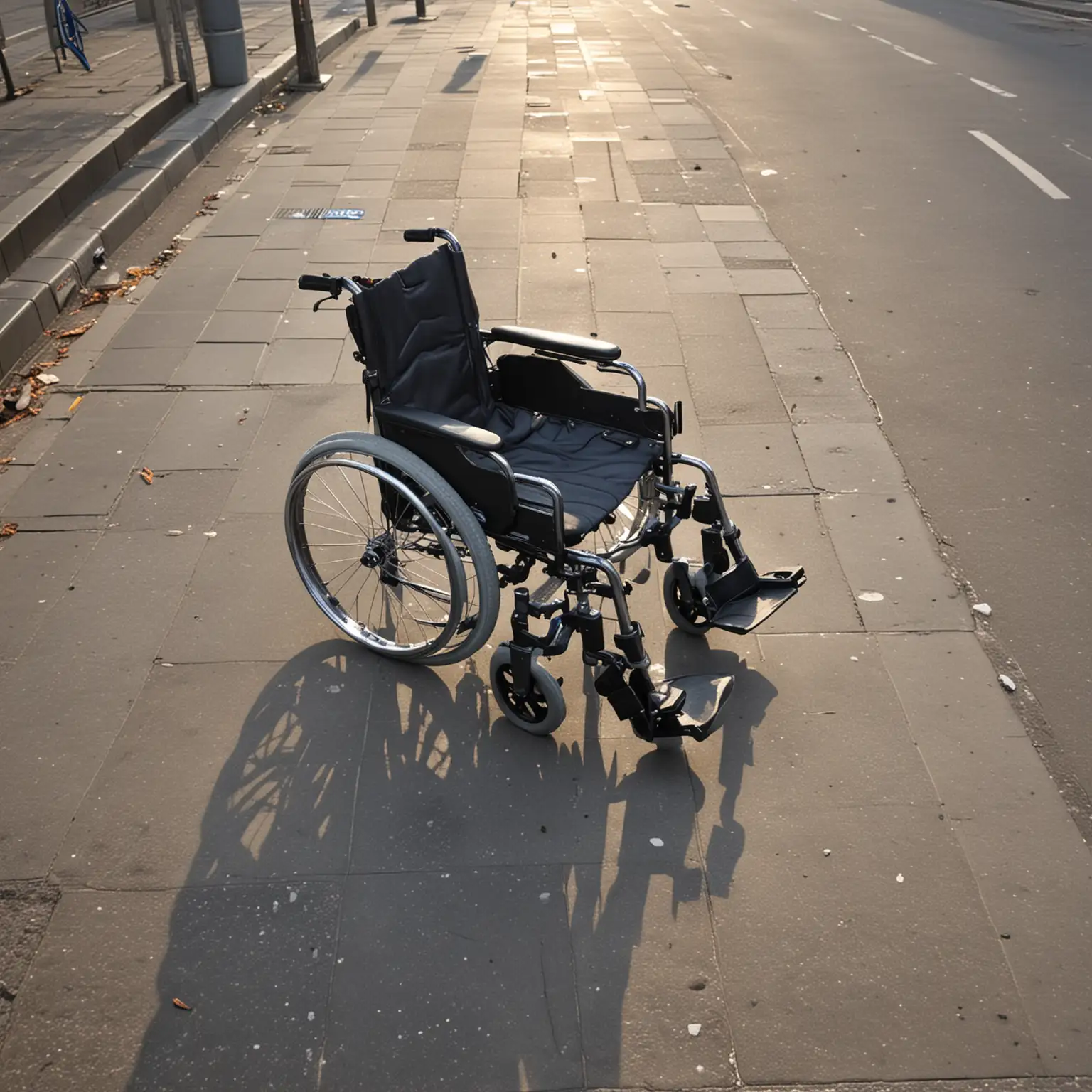 wheelchair laying on the pavement. In a big city  