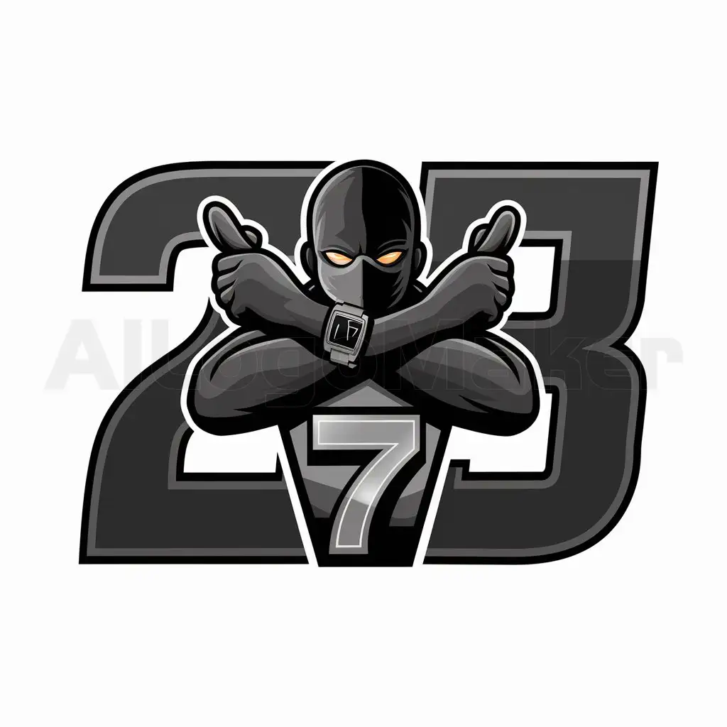 a logo design,with the text "23", main symbol:A masked man with his arms in an x shape, and a smart watch inside affiche number 7,Moderate,be used in Gamer industry,clear background