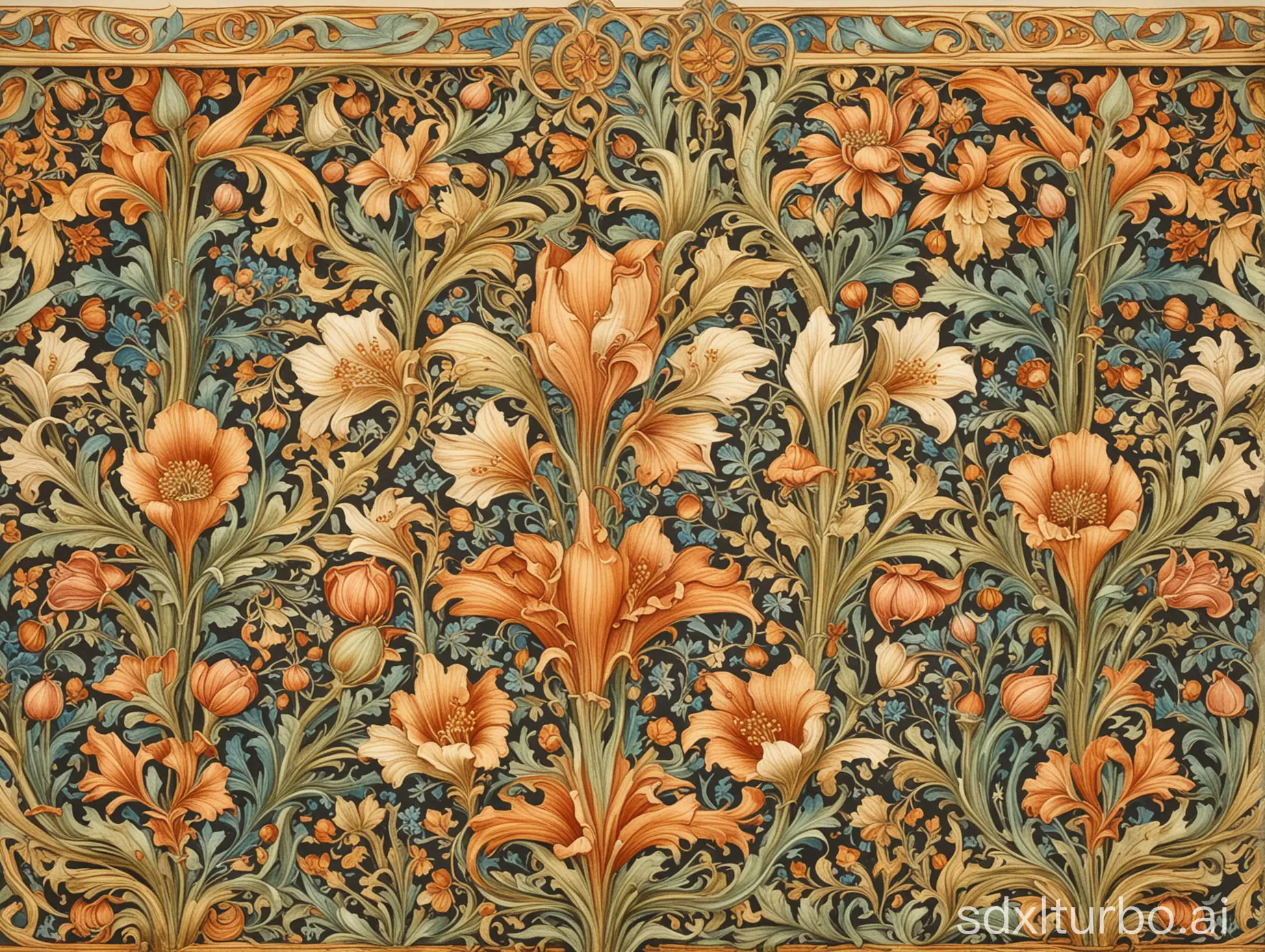 medieval flowers and patterns, art nouveau embellishments, richly detailed delicate and intricate drawing and watercolor painting