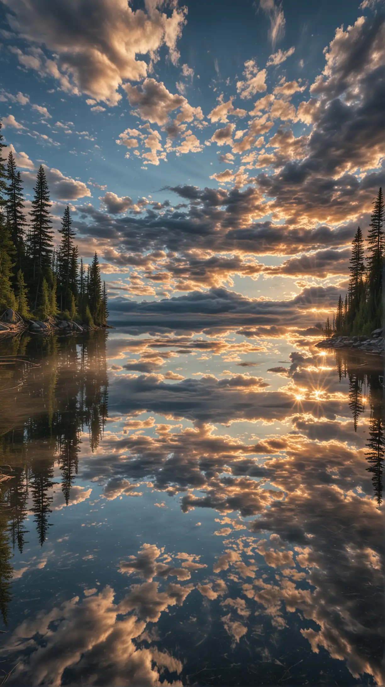 Make gorgeous sky reflection on the amazing lake in Canada, 4k quality photo, make photo very clear