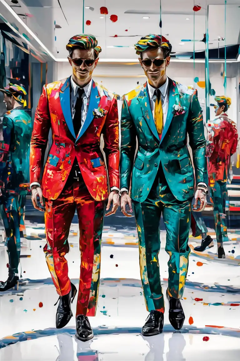 splotchy Painting of two men in colourful suits