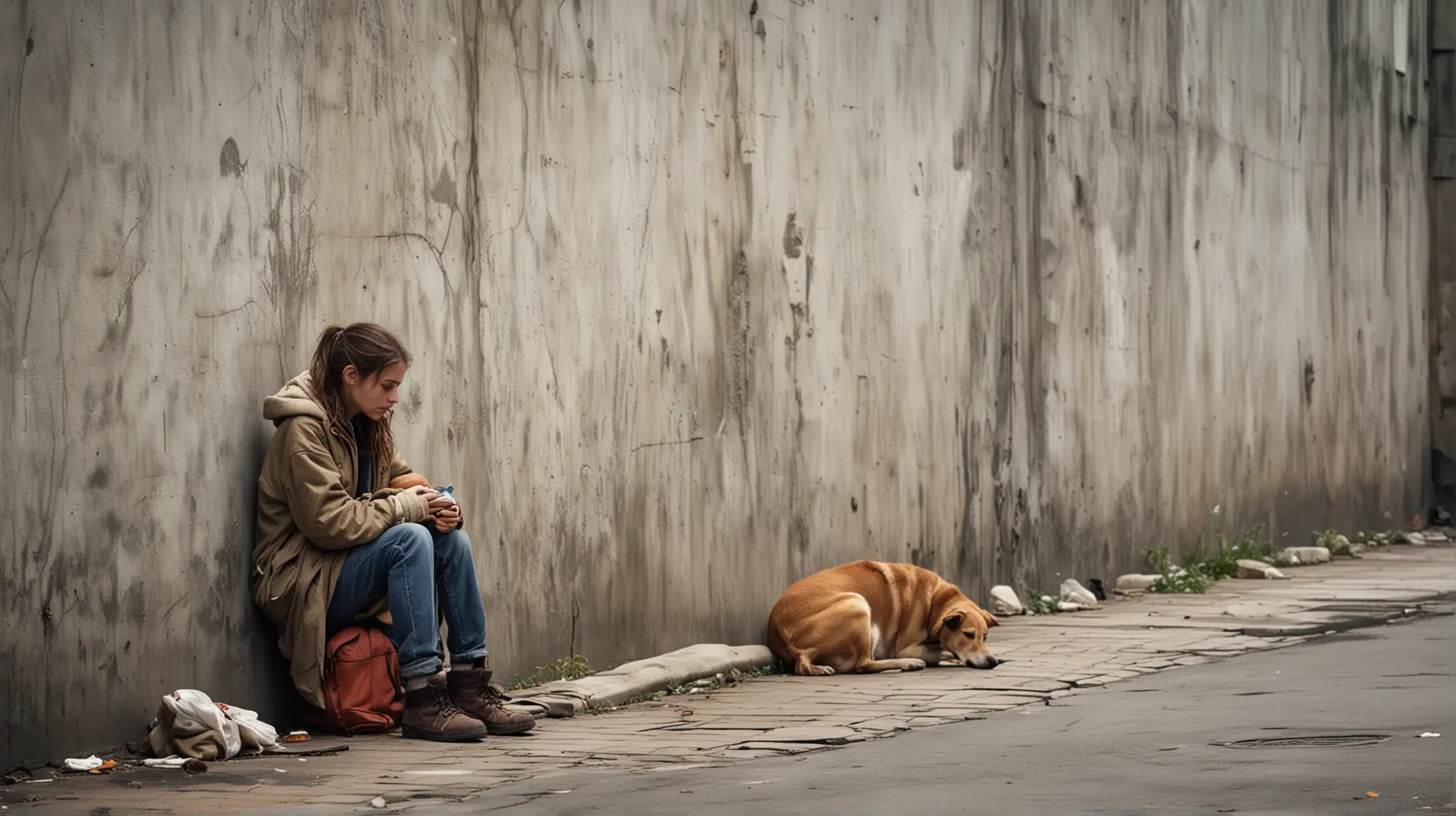 Urban Scene Homeless Girl with Dog on Grungy Street