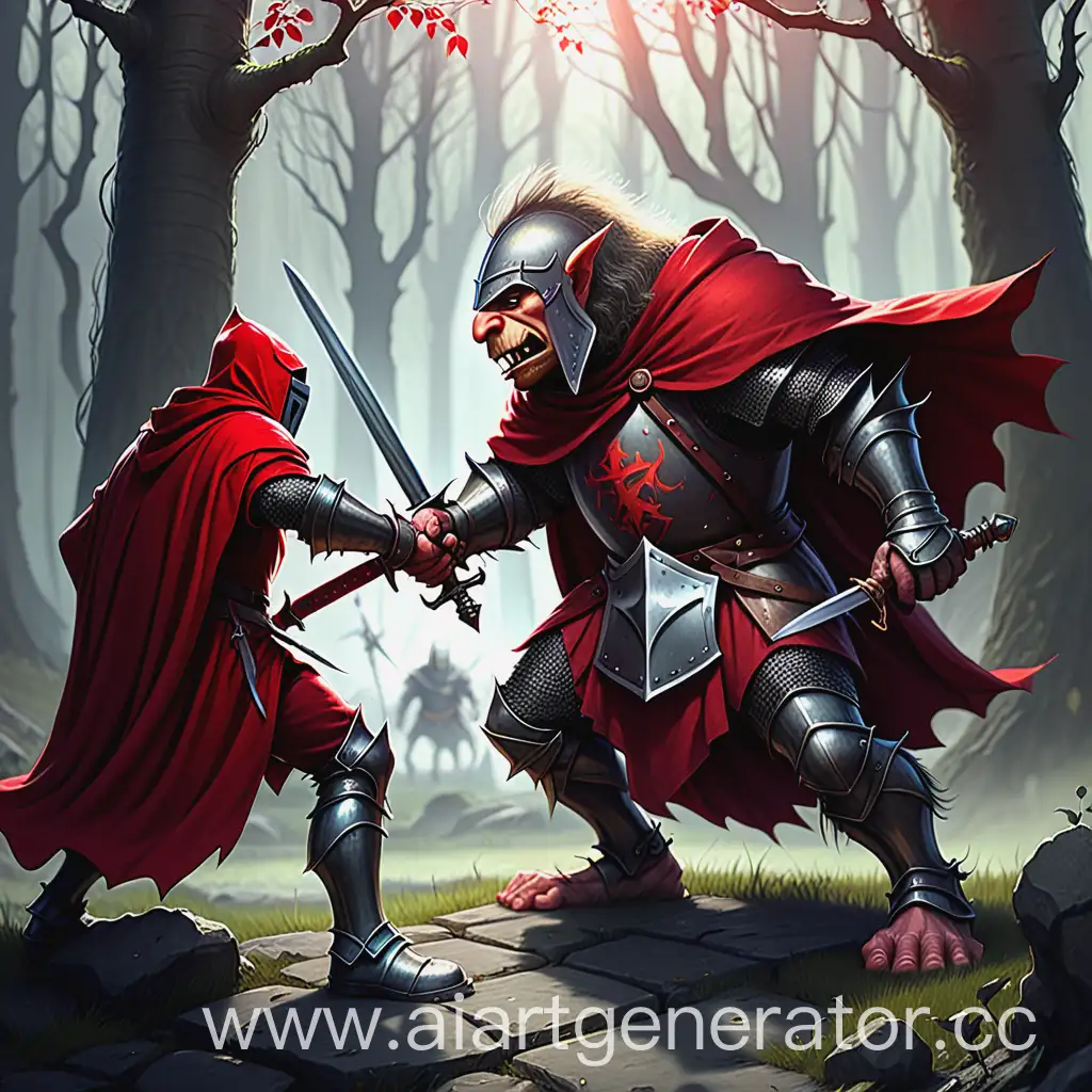 рыцарь в алой мантии с мечом сражается с троллем