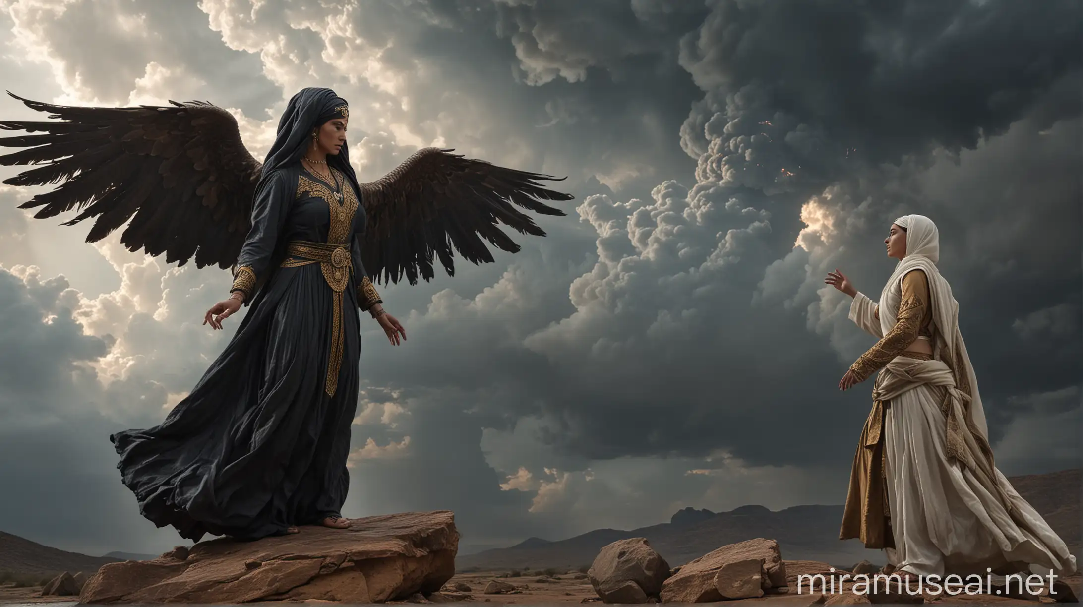 This image depicts a dramatic and intense scene with two main characters. The figure in front appears smaller, wearing an Arabian turban and long Arabian dress, styled like a painting, and standing on a rock, looking towards a larger figure, and very large with wings. The larger figure looks angelic or divine, with wings which emits light. A powerful flash of energy or lightning connects the two figures. The sky is dark and cloudy, adding intensity to the scene. Fire and smoke rise from below, indicating destruction or conflict.
