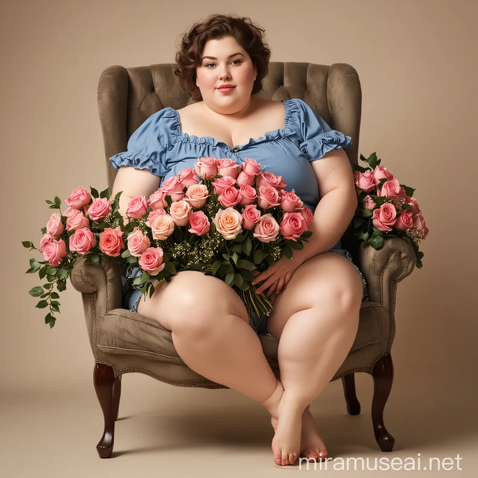 Señora gordita ,sentada en una silla con un ramo grande de rosas que cubren sus rodillas 
