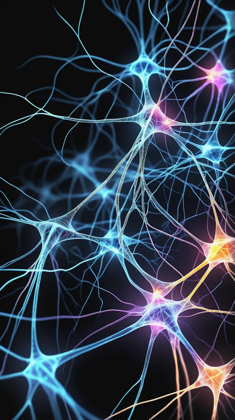 a realistic microscopic view of a bunch of pyramidal neurons electrically illuminated by a black background. A big dense web of neurons firing, a beautiful cosmic neural network, electrically activated neurons firing, dense pyramidal neuronal cells, electricity traveling through the neural network, bright neon color and white light electrically activated neural circuitry, neuronal cell communication, electrically activated beautiful microscopic neural network, electricity traveling through the neuron network circuitry, clear view of pyramidal neuronal cell bodies, crystallized dense pyramidal cell body, bright electric neon color, and white light electrically activated neural circuitry, close-up clear view of neuronal cell communication, electrically wired, firing synapses, cellular communication response