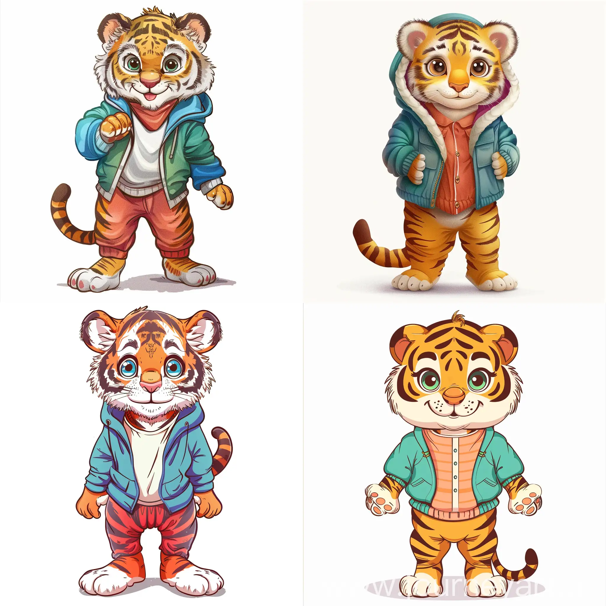childish style, cartoon style, cute style, small detail, vector style, full-length anthropomorphic baby tiger standing on his hind legs in colored clothes,big eyes,Friendly, front paws to the sides, front view,Children’s book illustration, white background