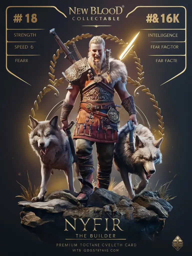 Design a HQ #1 gold edition "New Blood Collectable" (x•x•x card) of "Nyfir the Builder" stats "Strength: 8" "Speed: 6" "Intelligence: 9" "Fear Factor: 5" premium 14PT card stock authenticated breathtaking 8k 16k visuals /"Nyfir is a legendary figure in Viking mythology known for his dire wolf, Said to be the builder of Asgard's fortifications, his work was crucial in protecting the gods from their enemies. His story is one of ingenuity and loyalty, as he used his talents to aid the Aesir and uphold the strength of their realm."/, complex fandom artwork, Add_Details_XL-fp16 algorithm, 3D octane rendering style (3DMM_V12) with the mdjrny-v4 style, infused with global illumination --q 180 --s 275 --ar 3:4 --chaos 500 --w 500
