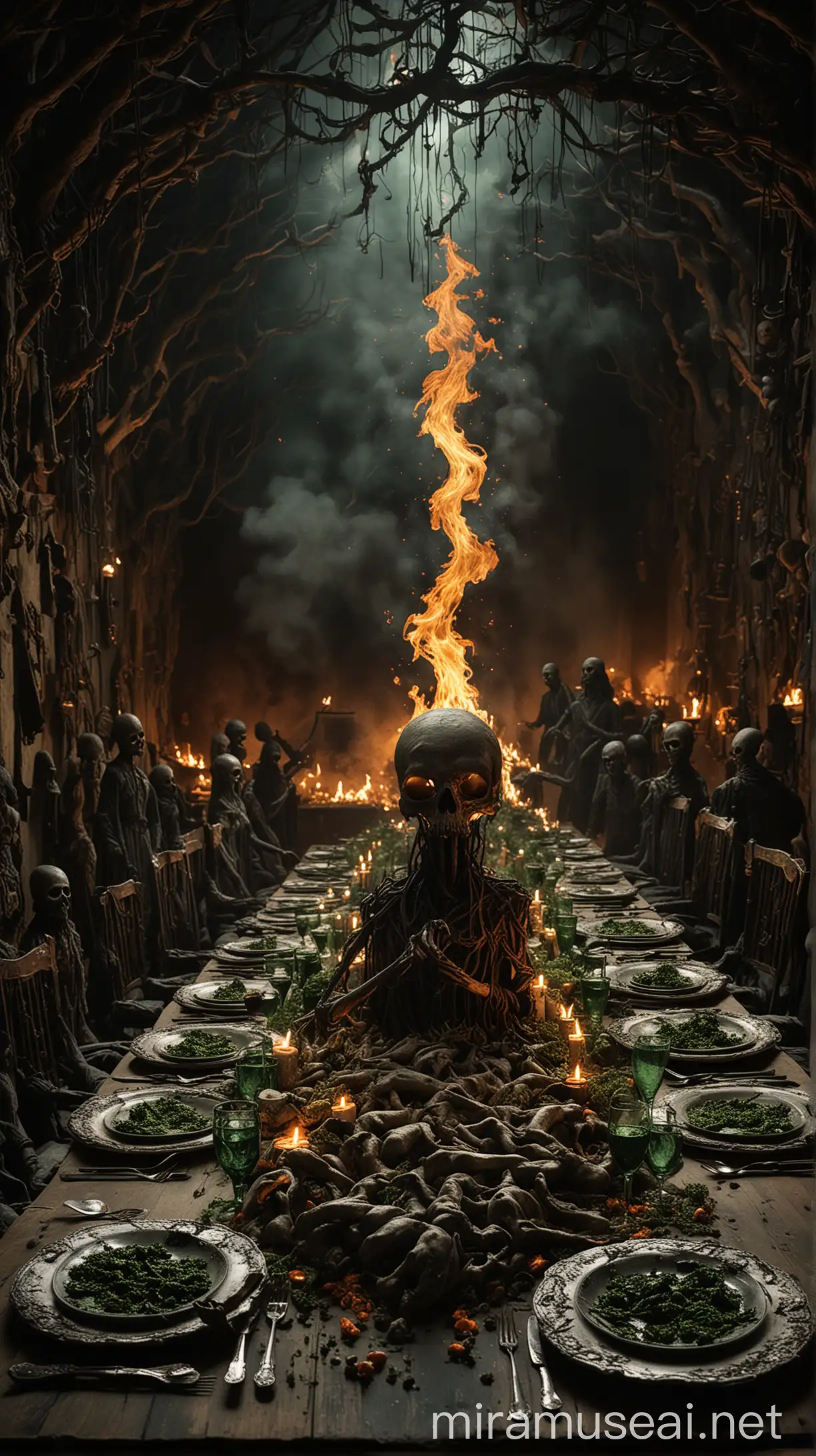 Title: The Banquet of the Damned
Description: A vast, cavernous space filled with flickering flames. In the center, a long, twisted table is laden with plates of wilted, blackened herbs that emit an acrid green smoke. Skeletal figures with anguished expressions reach out desperately towards the food.
Style: Dark fantasy, highly detailed, WITH ISLAMIC TRADITION