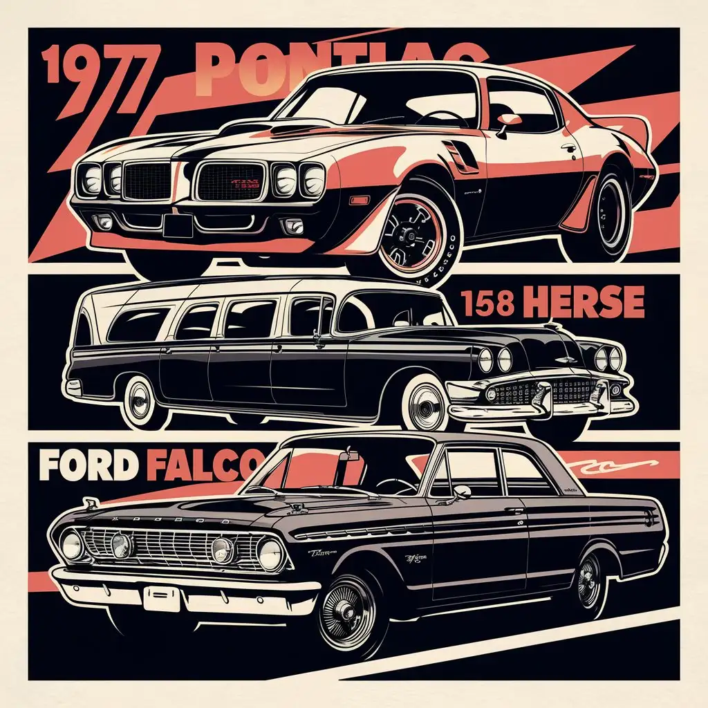 1977 Pontiac Firebird Trans Am car next to a 1958 hearse car next to a 1964 ford farlane all cars at profile angle layout in vector artwork. place each car just above the other in a stacking order. Make it look like a rock poster.