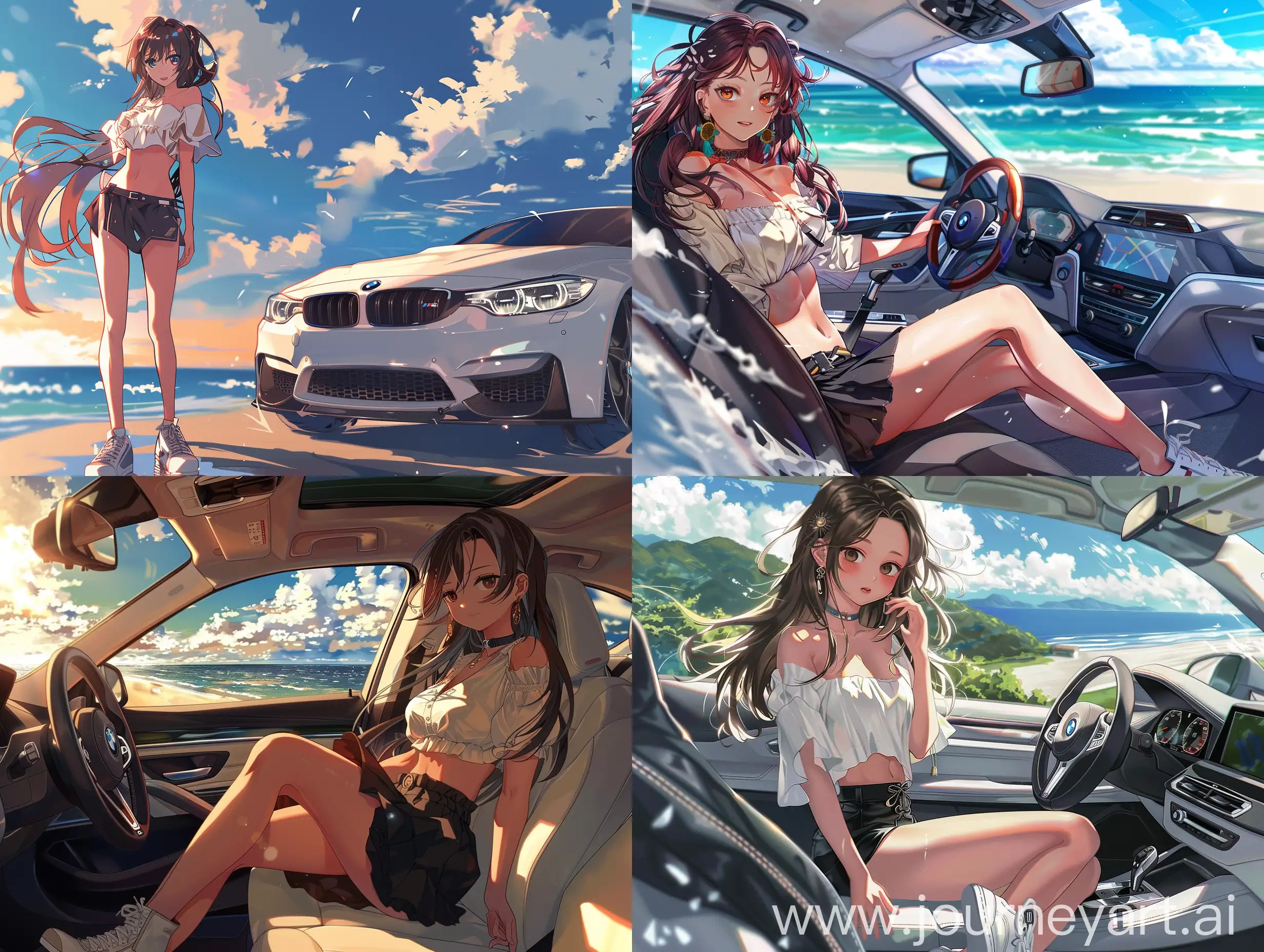 Anime-Girl-in-White-Shirt-and-Black-Skirt-Driving-BMW-to-the-Sea