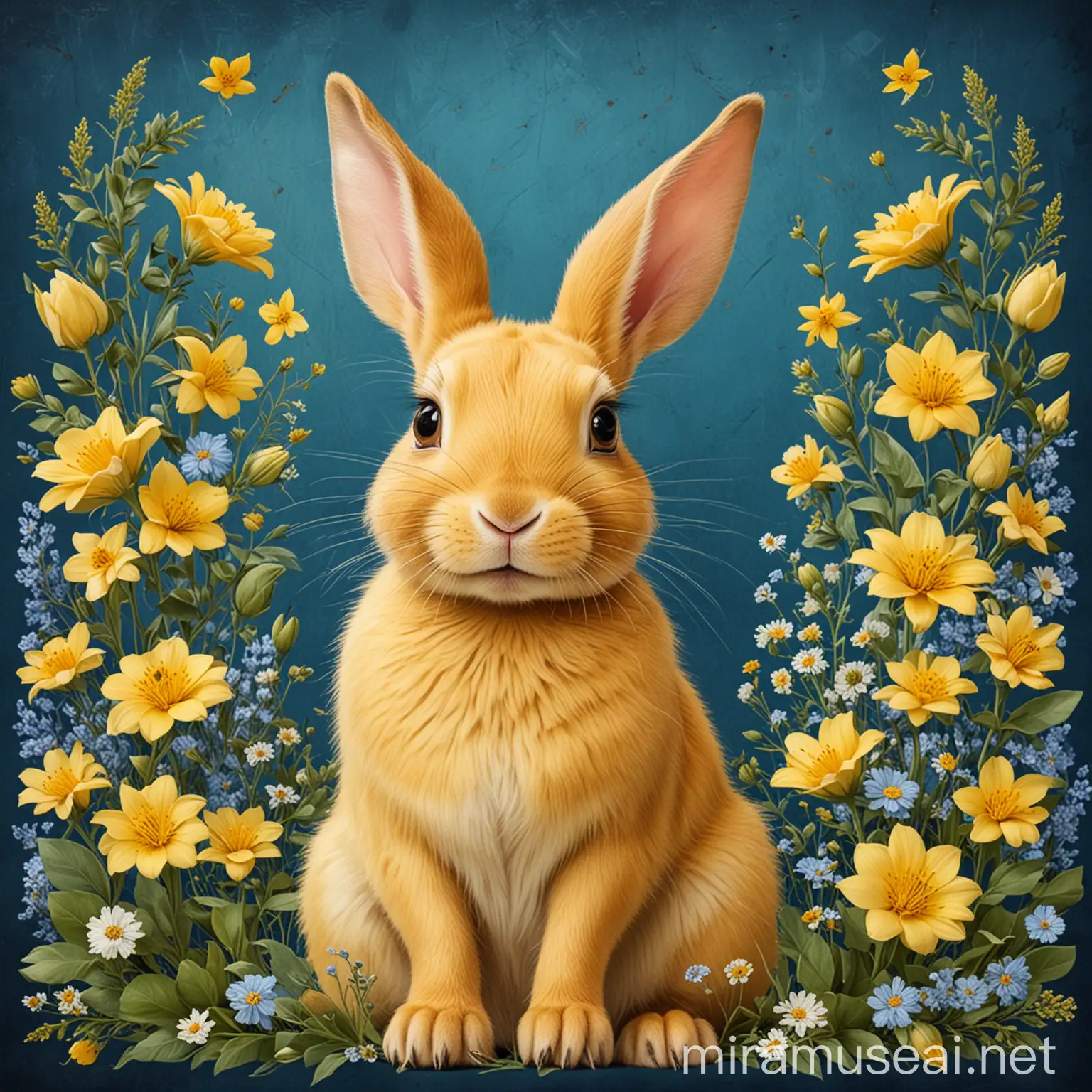 Cheerful Yellow Rabbit Surrounded by Vibrant Blue Background and Blooming Flowers