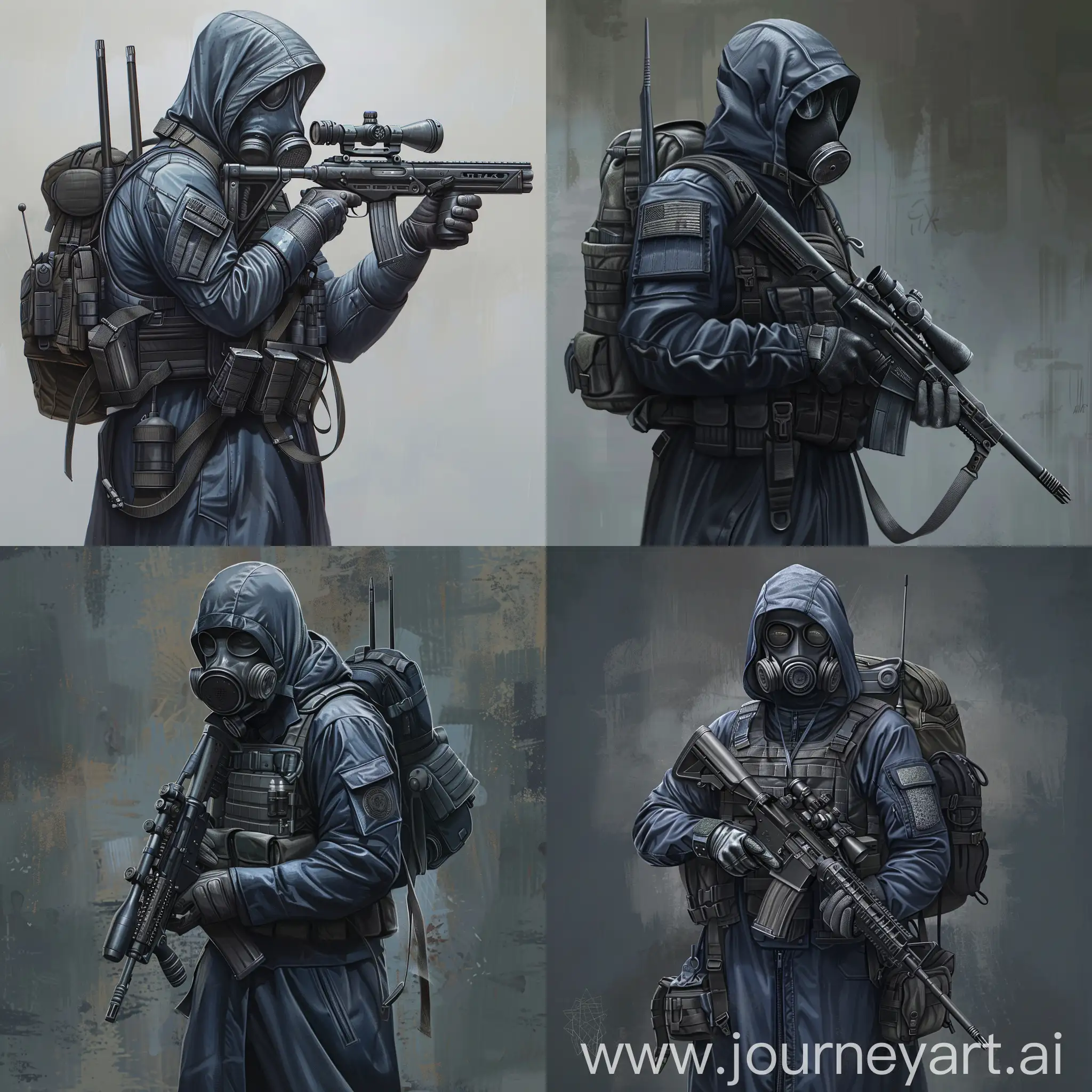 Digital concept art a mercenary from the universe of S.T.A.L.K.E.R., a mercenary dressed in a dark blue military raincoat, gray military armor on his body, a gas mask on his face, a small military backpack on his back, sniper rifle in his hands.