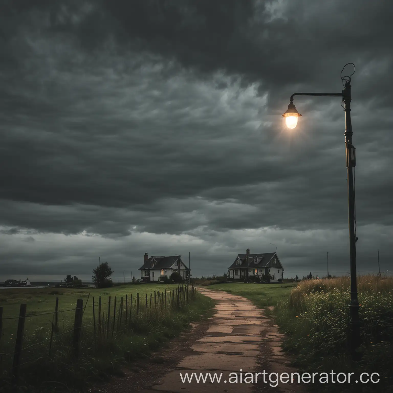 Lonely-Cottage-in-Evening-Light-with-Lamp-Post