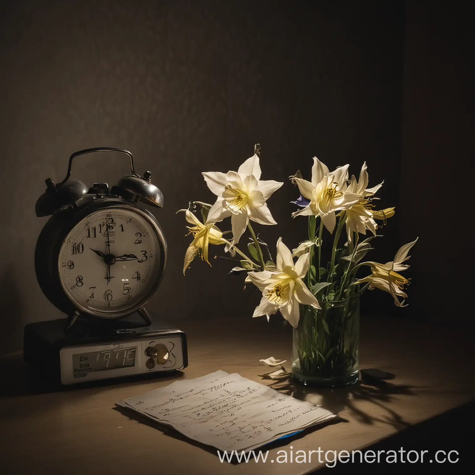 2 цветка, Прострел раскрытый, лежащие на тумбочке рядом с электронным будильником, на котором буквами написано бессрочно. В очень приглушённом свете ночника