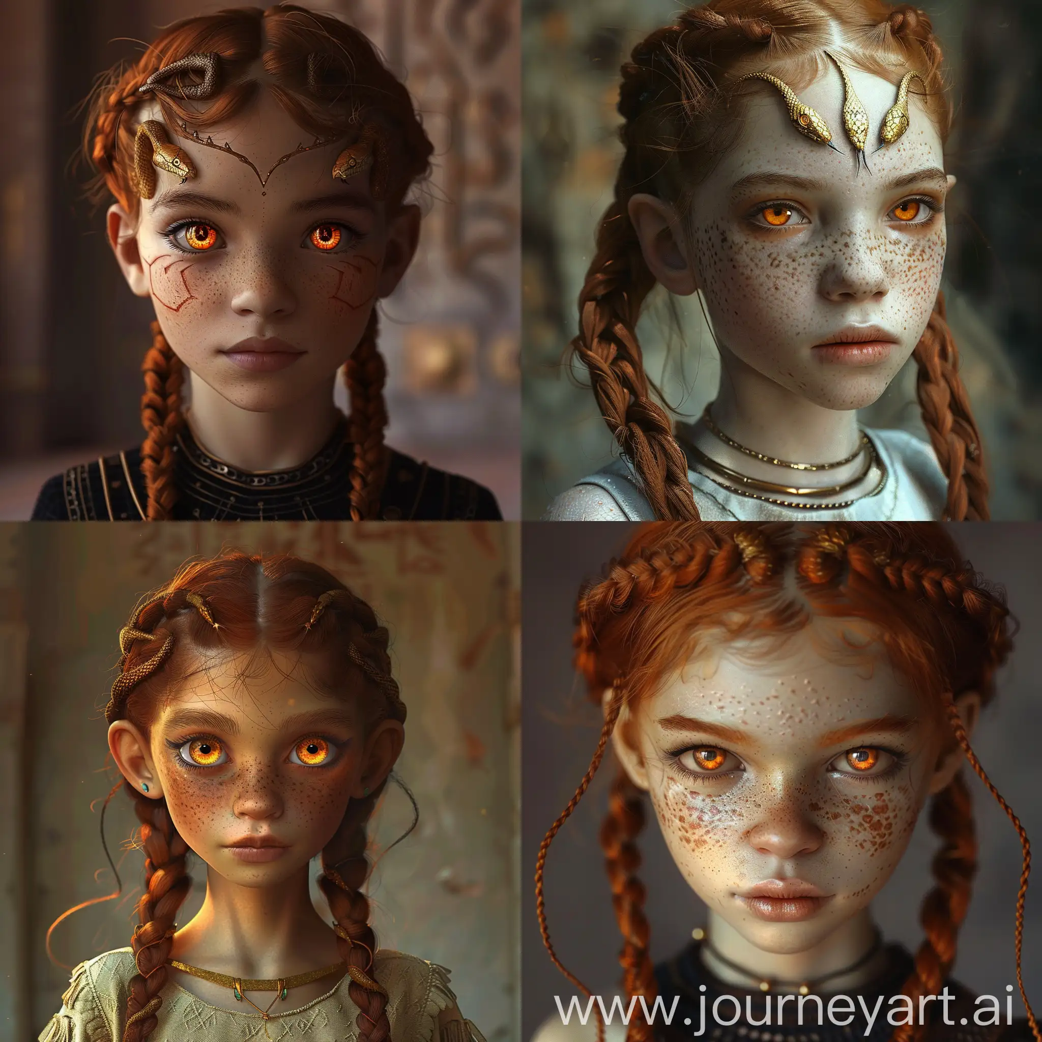 девочка 10 лет, египетской внешности, с змеиными глазами янтарного цвета, с змеиными чертами лица, с медово-русыми волосами заплетёнными в две косички, живущая в мире тёмного фэнтези.