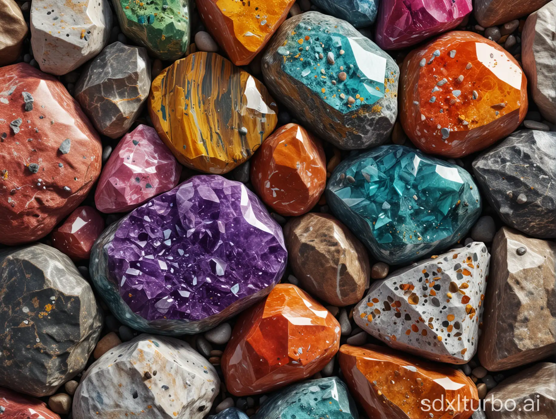 roches, quartz, couleurs éclatantes, multicolores, plan rapproché, zoom, 8k, hyper détaillé, hyper réaliste
