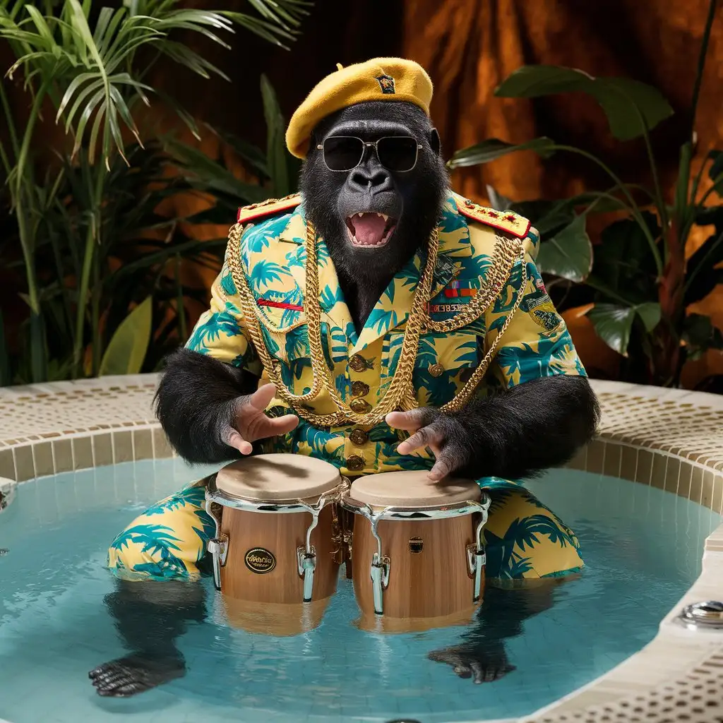 Gorilla Playing Congas in Yellow Hawaiian Military Attire and Sunglasses