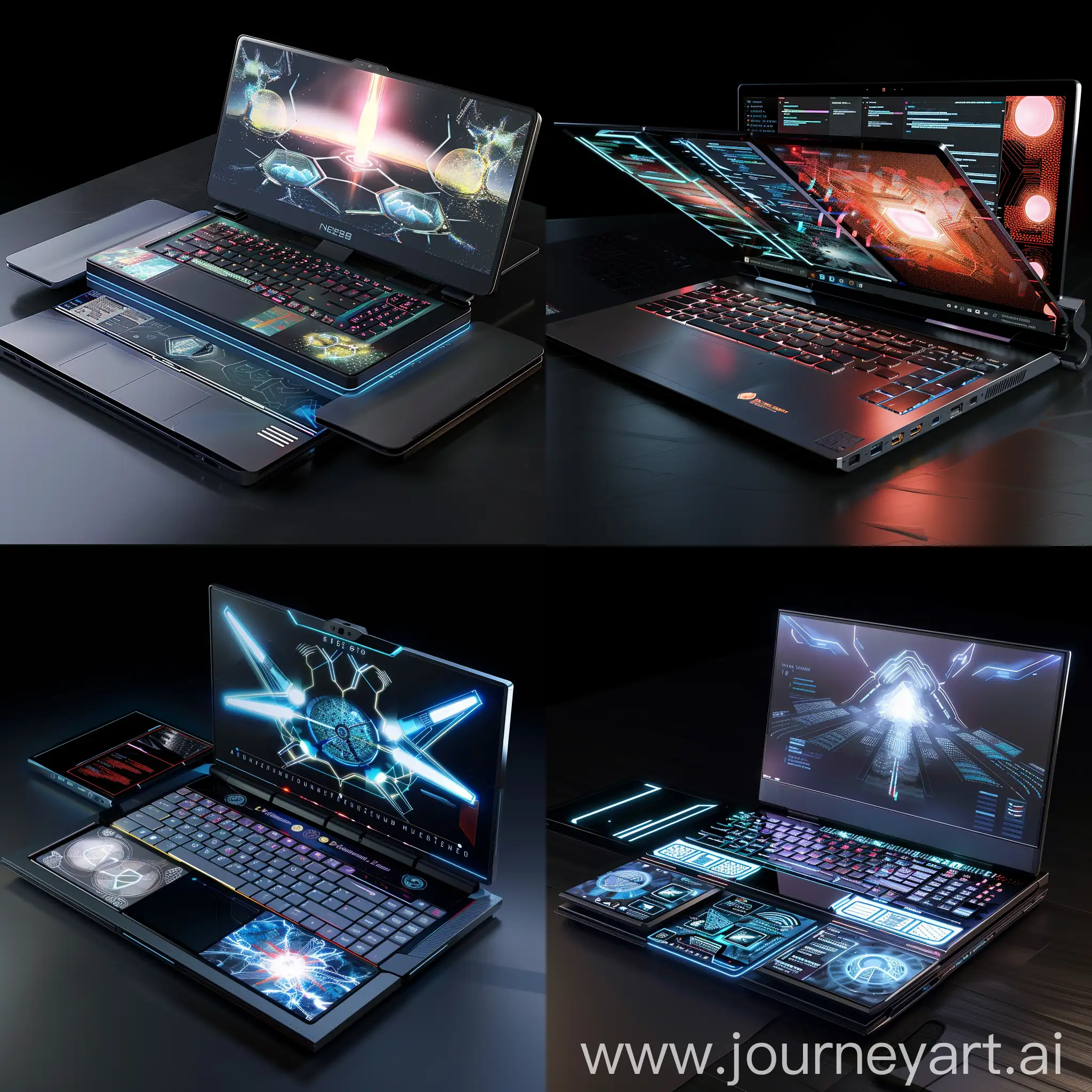 Futuristic laptop, information age of future, Neural Processing Units (NPUs), Foldable and Dual Screens, AI-enhanced GPUs, OLED Displays, Quantum Dot Technology, Advanced Cooling Systems, Solid-state Storage (SSD), 5G and Wi-Fi 6E Connectivity, Biometric Security, Modular Components, Cloud Integration, Edge Computing, AI Co-processors, Smart Battery Management, Enhanced Encryption, Smart Battery Management, Enhanced Encryption, Virtual Reality (VR) and Augmented Reality (AR) Support, Wearable Device Integration, Voice Assistants, Adaptive Learning Algorithms, Sustainable Materials, Foldable and Flexible Displays, Transparent and Holographic Displays, Modular Design, Ultrathin Bezels and Edge-to-Edge Displays, Integrated E-Ink Displays, Biometric Security Features, E-ink Keyboards, Solar Charging Panels, 360-Degree Hinges and Dual-Screen Design, Haptic Feedback and Tactile Surfaces, Always-On Connectivity, Seamless Integration with Other Devices, Wearable Compatibility, Embedded Projectors, Augmented Reality (AR) Interfaces, Voice Control Integration, Eco-Friendly Materials, Dynamic Privacy Screens, Enhanced Portability, Advanced Cooling Solutions, unreal engine 5 --stylize 1000