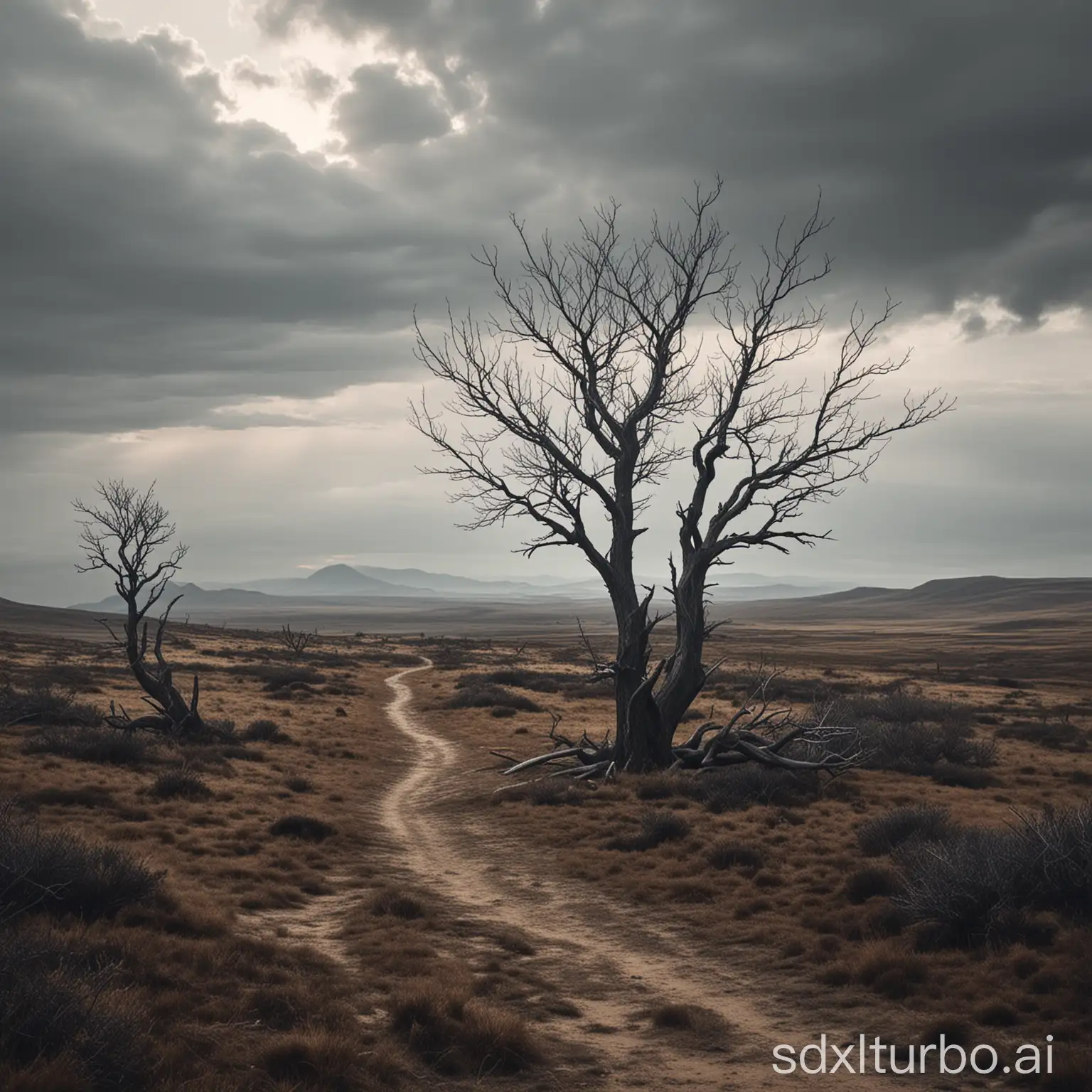 Alone wandering the wilderness, the only wanderer in the endless desolation. A few withered trees on the distant horizon, a desolate sky shrouding a realm of silence.