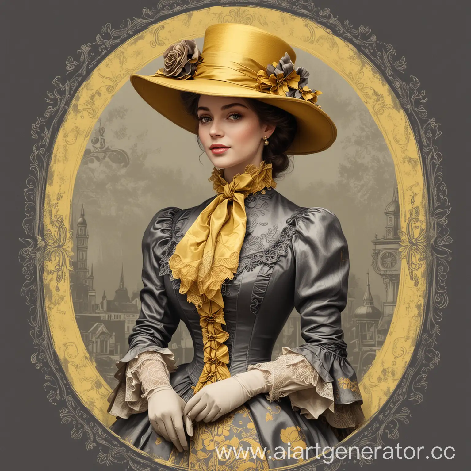 дама в шляпе и одежде викторианского стиля в серо-желтых оттенках для этикетки вина
