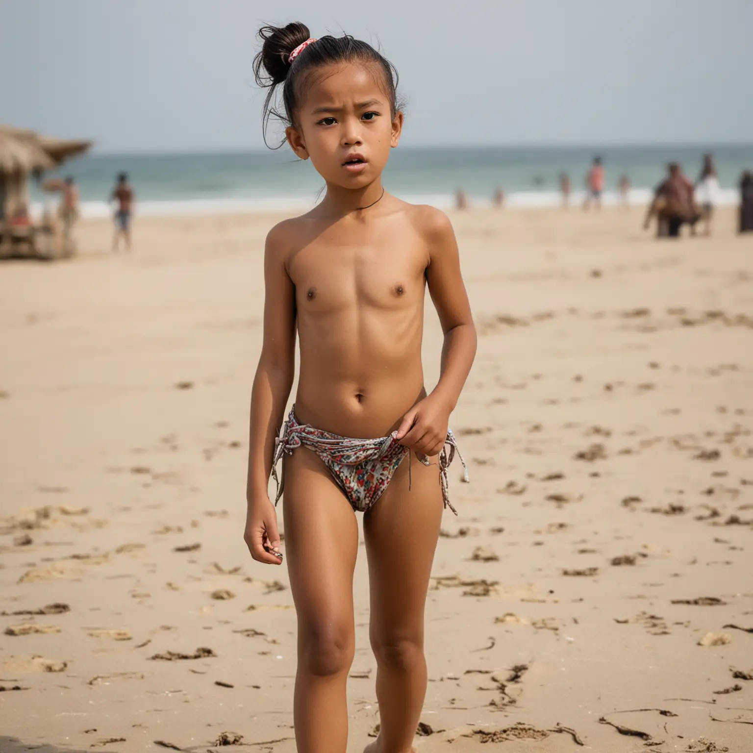 seorang wanita Indonesia berusia 8 tahun, berjalan di atas pasir, rambut dikepang, menungging, mengenakan bikini.