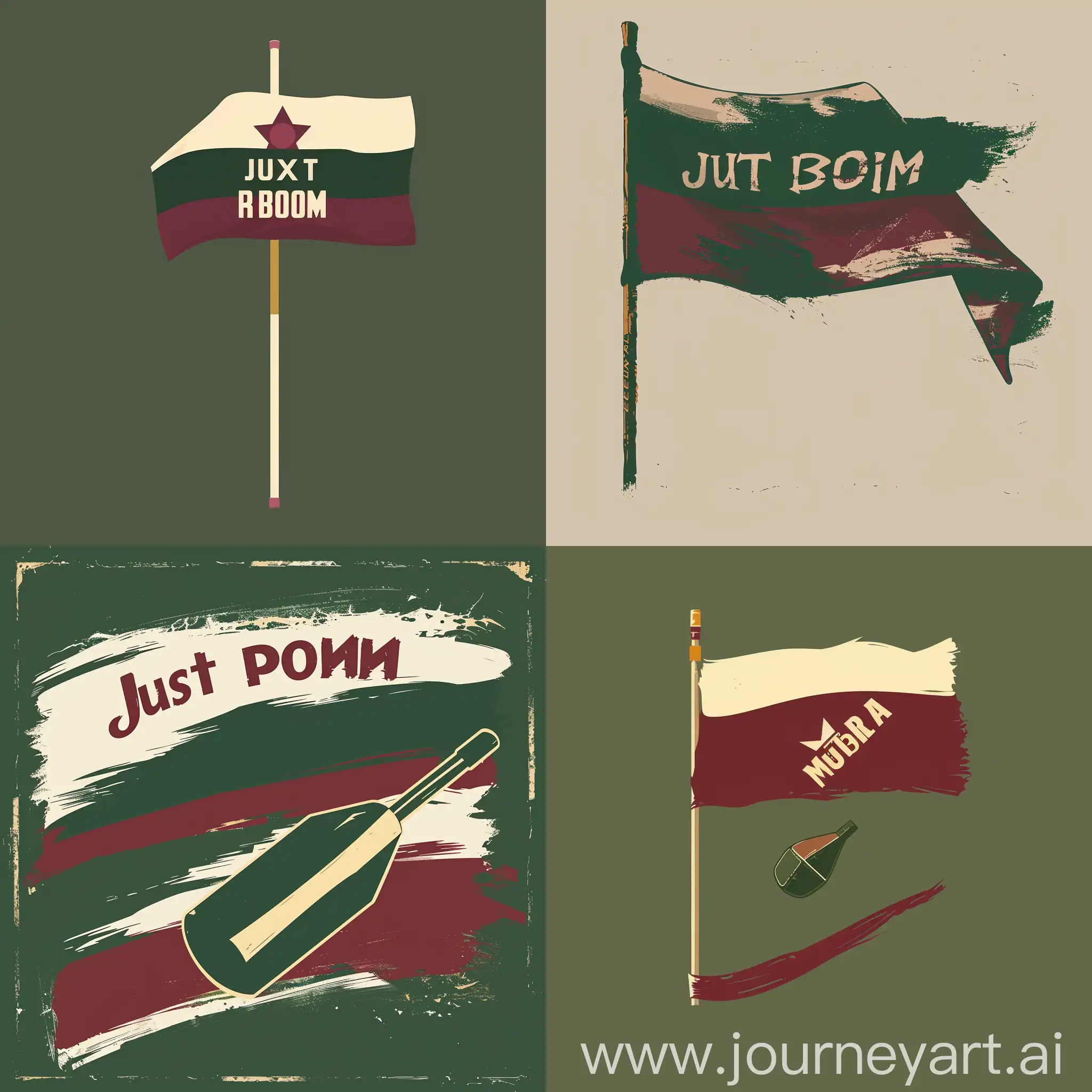 The flag of the team is "Just a bomb". Colors: burgundy, cream, forest green. Retro Soviet style, minimalism. Something in the style of the Minnesota Wild club